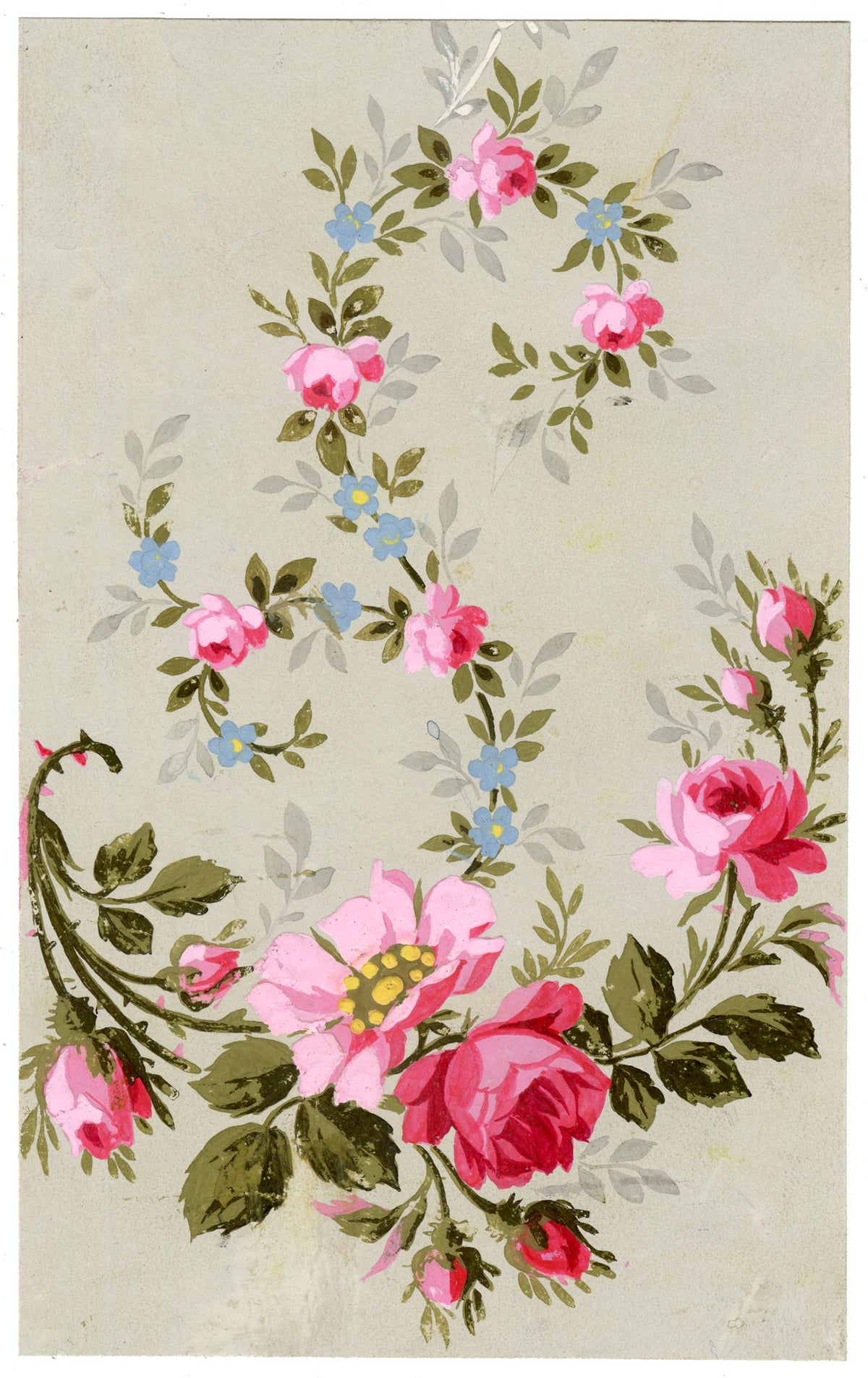 Anon., Antique French Textile Design: Pink Rose Floral – 1880s gouache painting