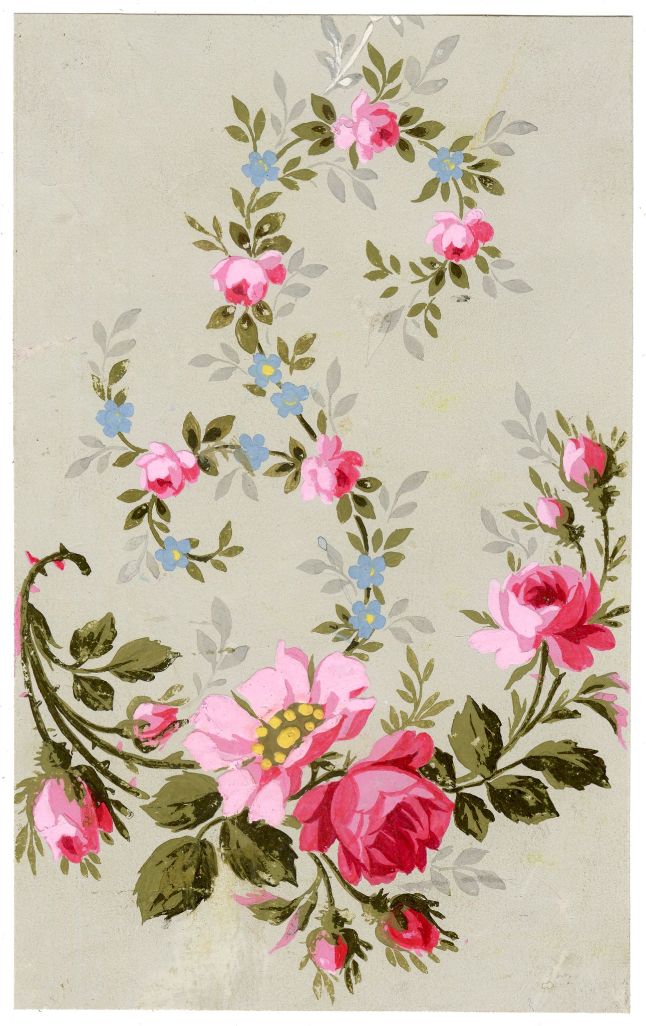 Anon., Antique French Textile Design: Pink Rose Floral – 1880s gouache painting