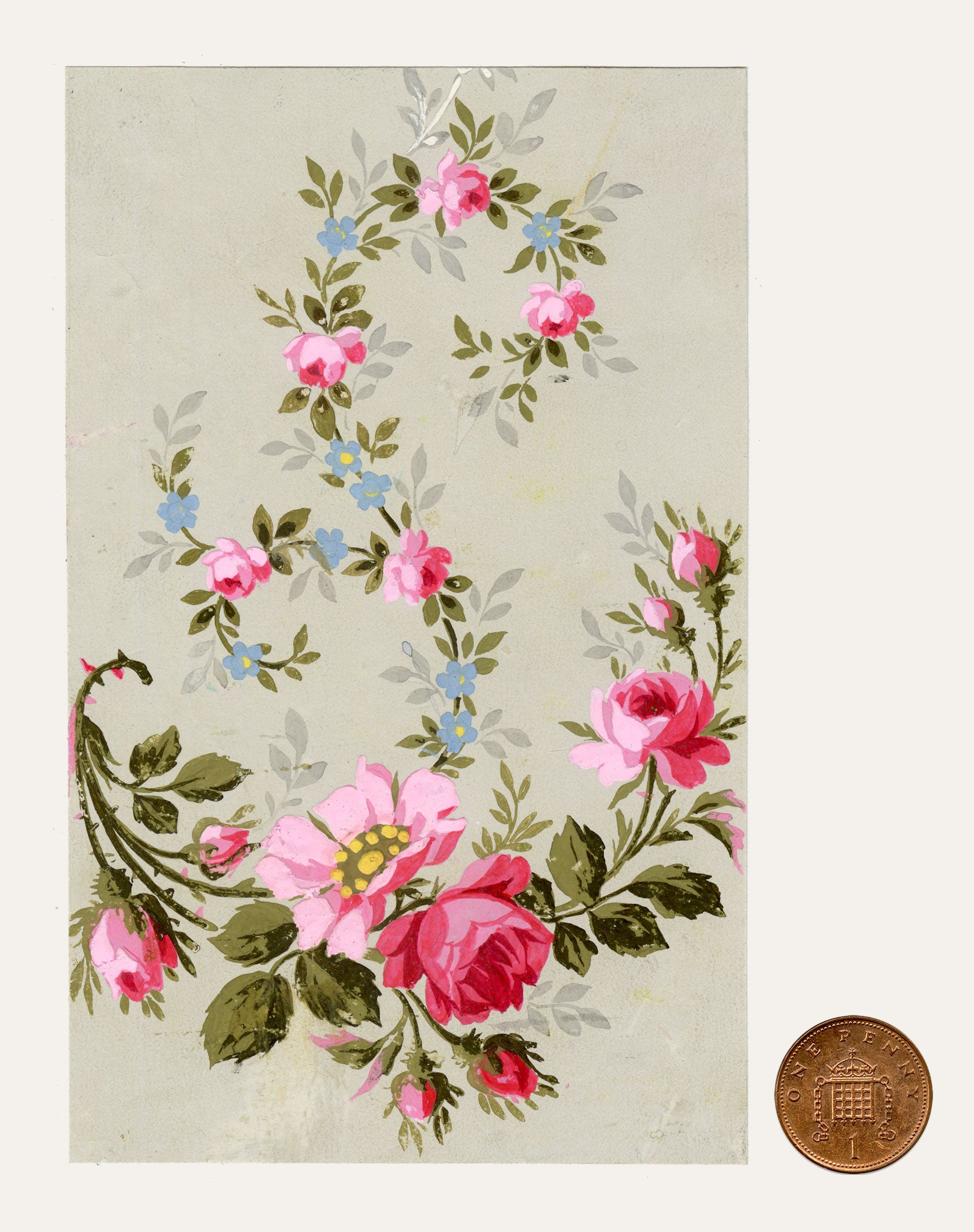 Anon., Antique French Textile Design: Pink Rose Floral – 1880s gouache painting
