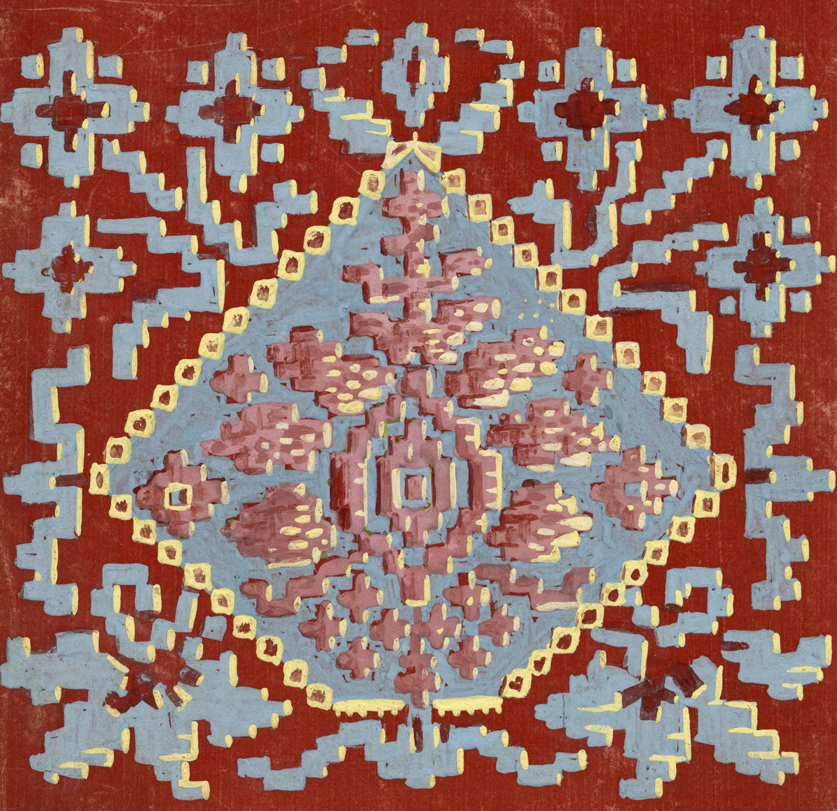 Anon., Antique French Textile Design: Aztec Jacquard on Red – 1880s gouache painting