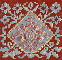 Anon., Antique French Textile Design: Aztec Jacquard on Red – 1880s gouache painting