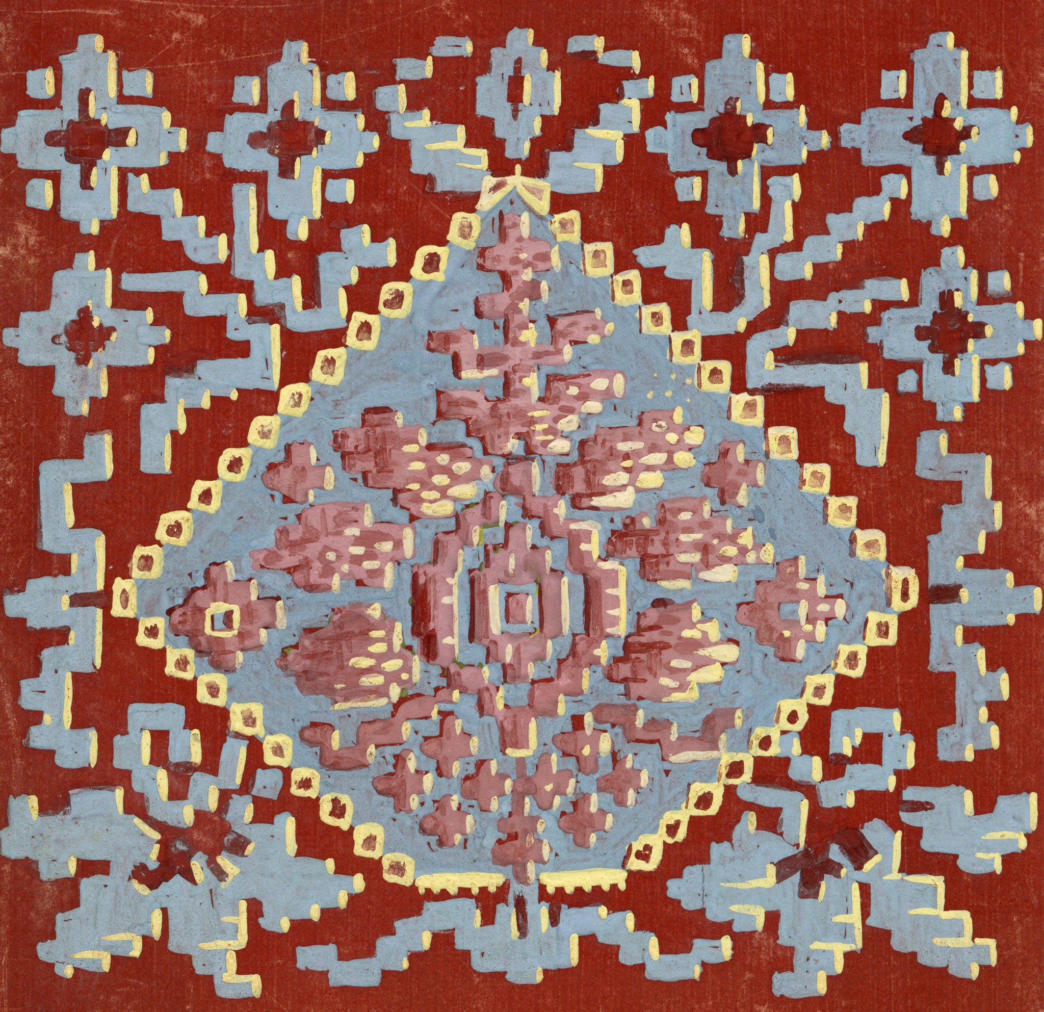 Anon., Antique French Textile Design: Aztec Jacquard on Red – 1880s gouache painting