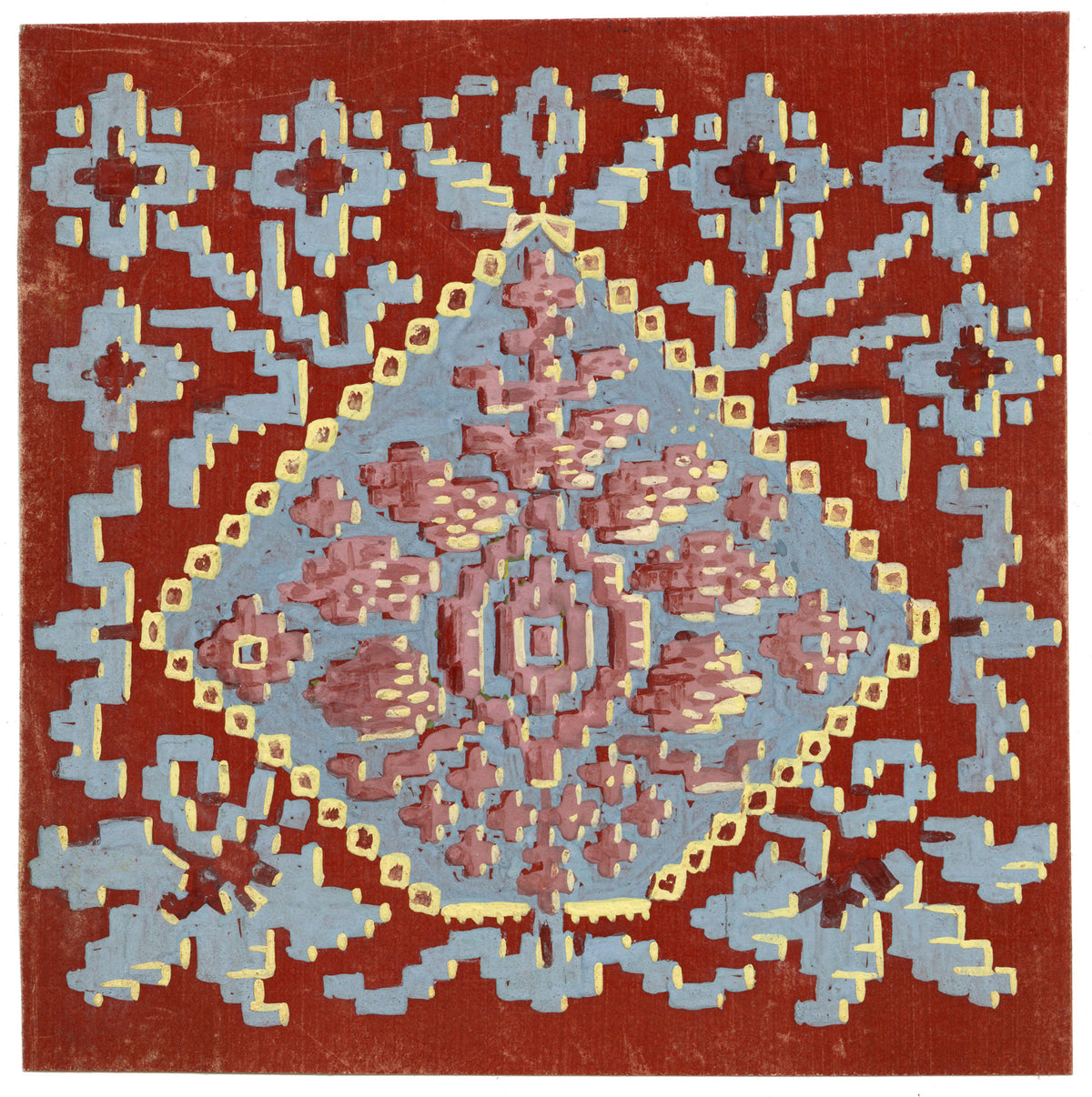 Anon., Antique French Textile Design: Aztec Jacquard on Red – 1880s gouache painting