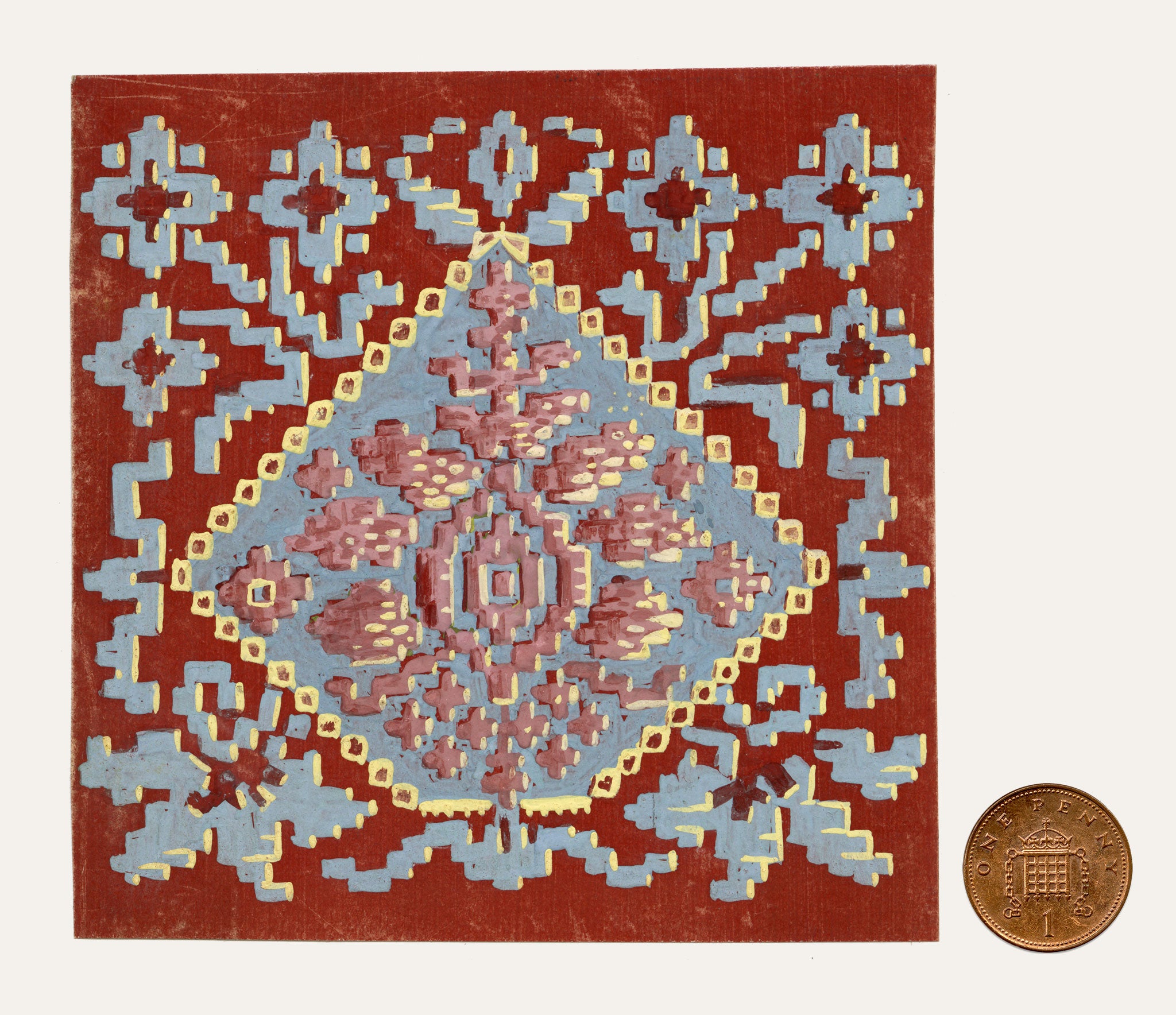 Anon., Antique French Textile Design: Aztec Jacquard on Red – 1880s gouache painting