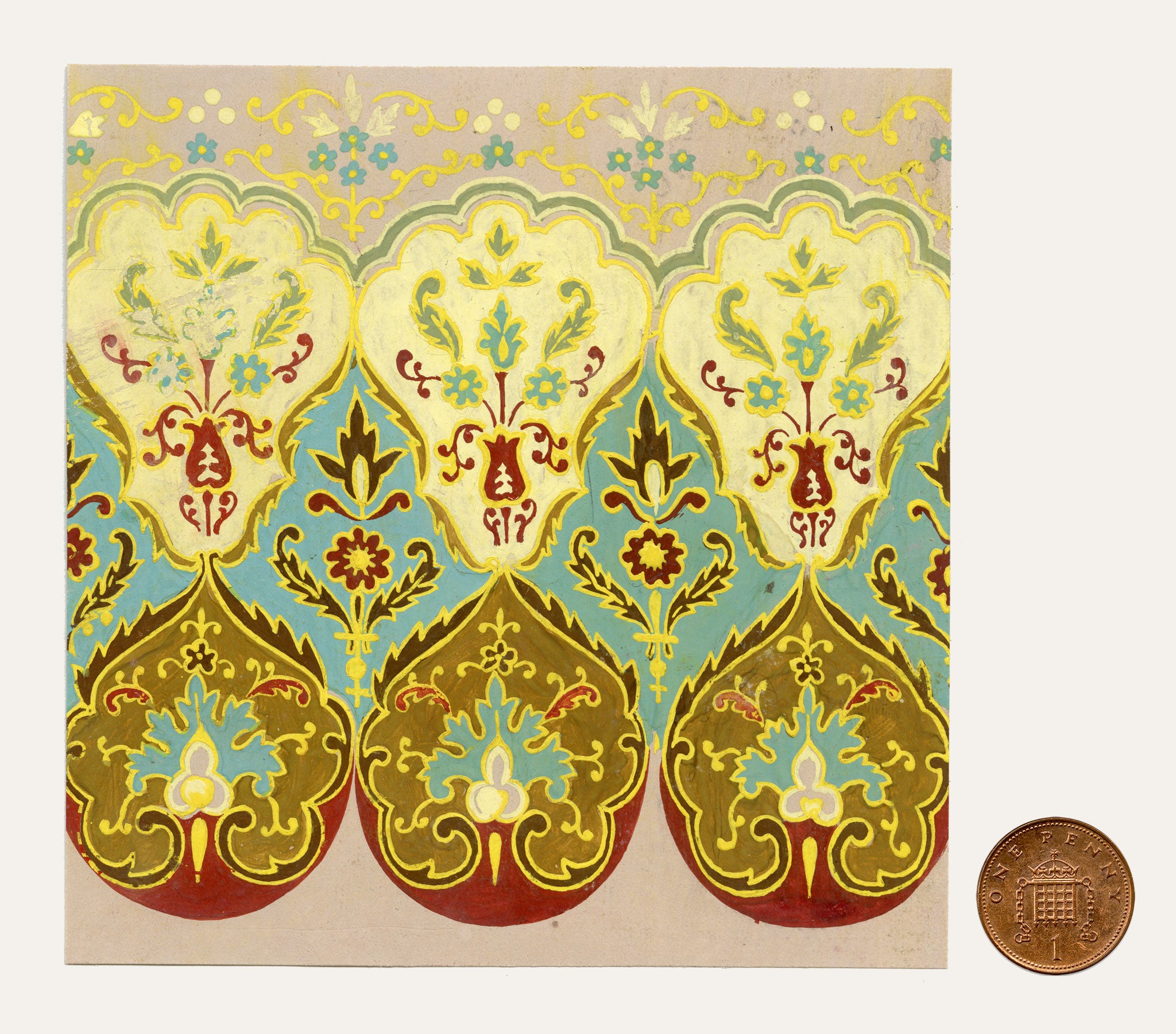 Anon., Antique French Textile Design: Indian Mughal Arabesque – 1880s gouache painting