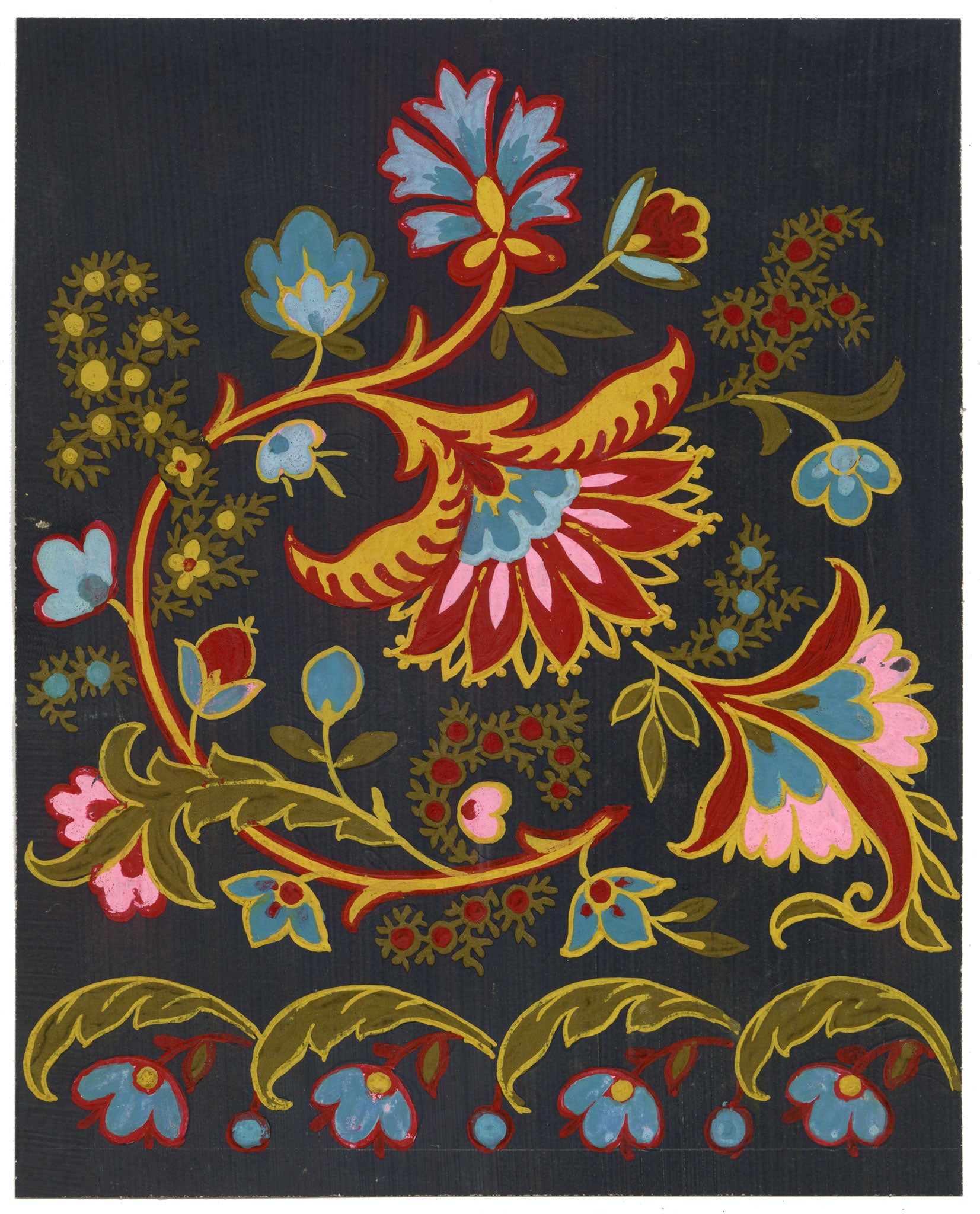 Anon., Antique French Textile Design: Indian Mughal Floral – 1880s gouache painting