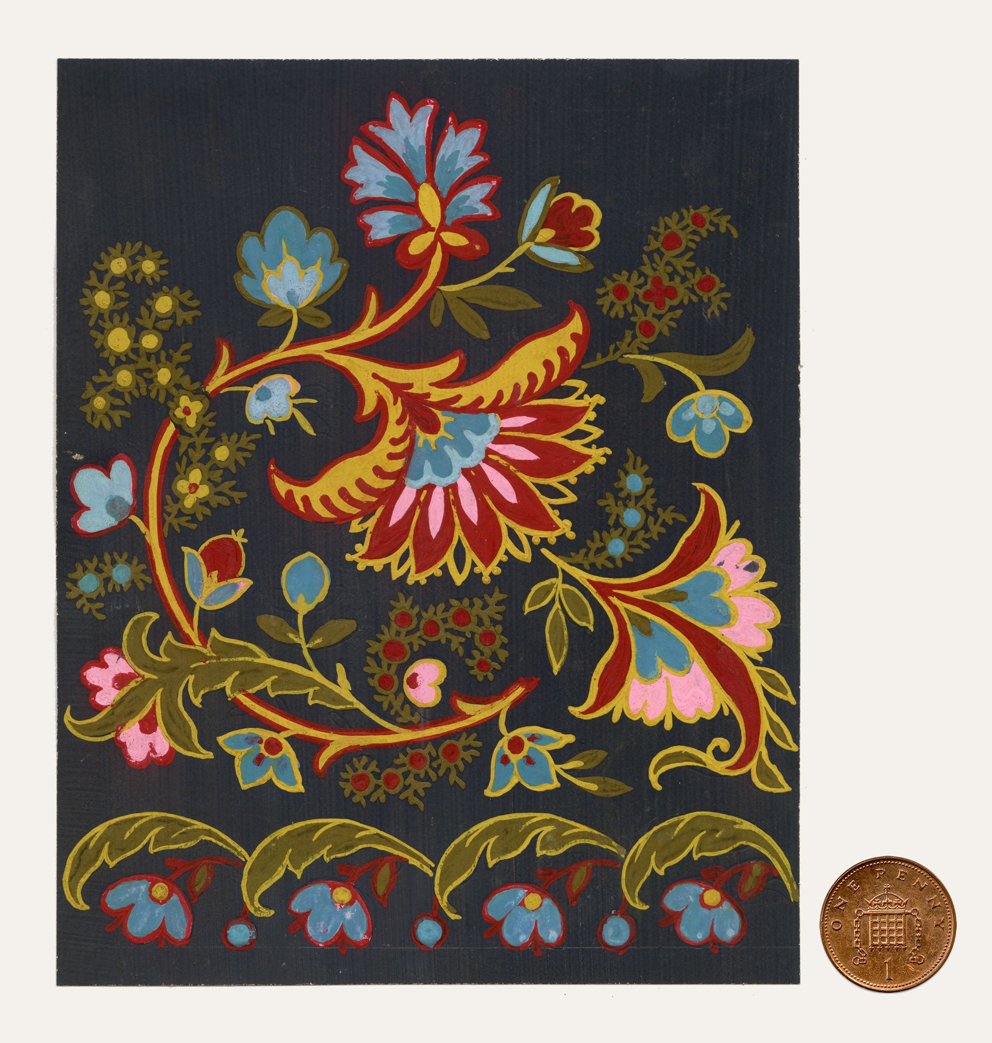 Anon., Antique French Textile Design: Indian Mughal Floral – 1880s gouache painting