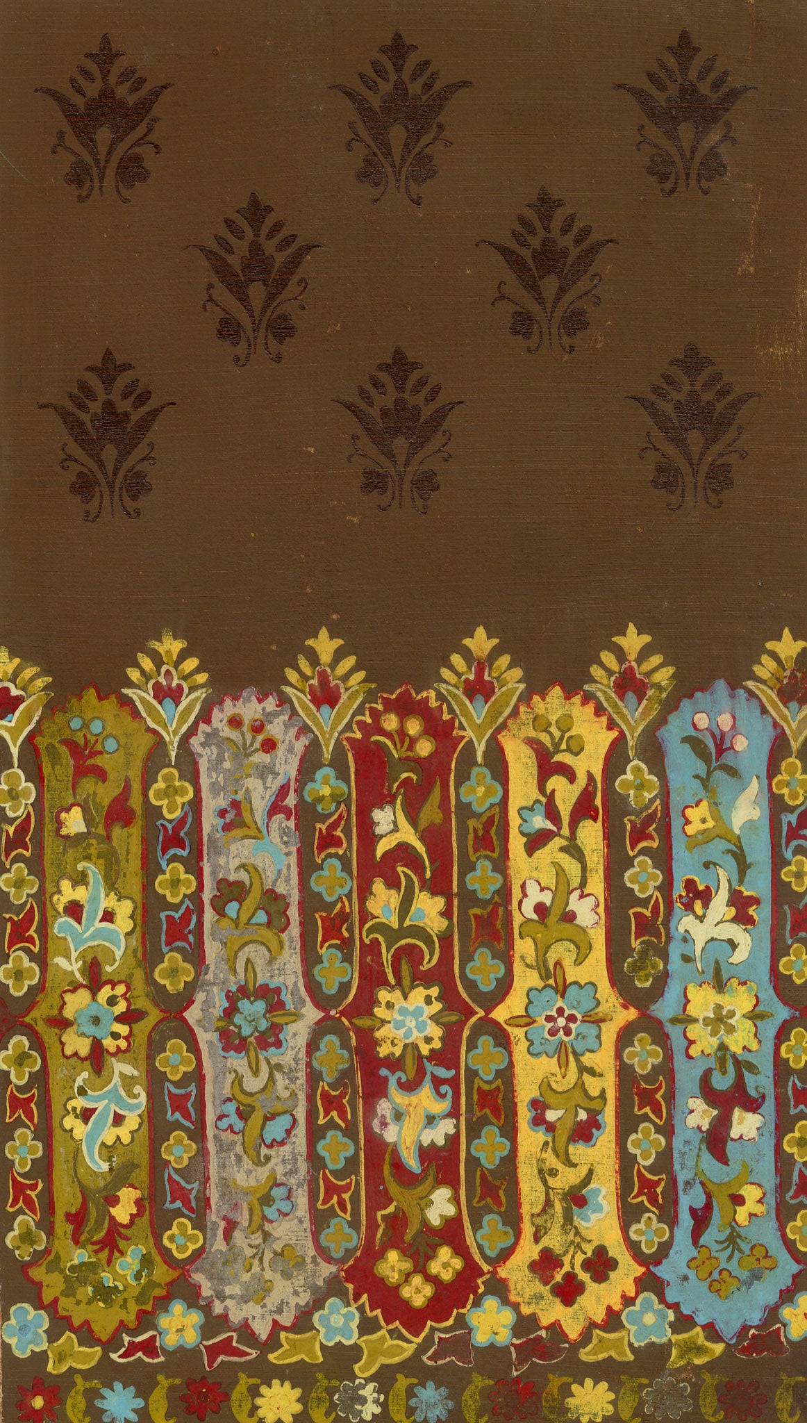 Anon., Antique French Textile Design: Indian Floral on Brown – 1880s gouache painting