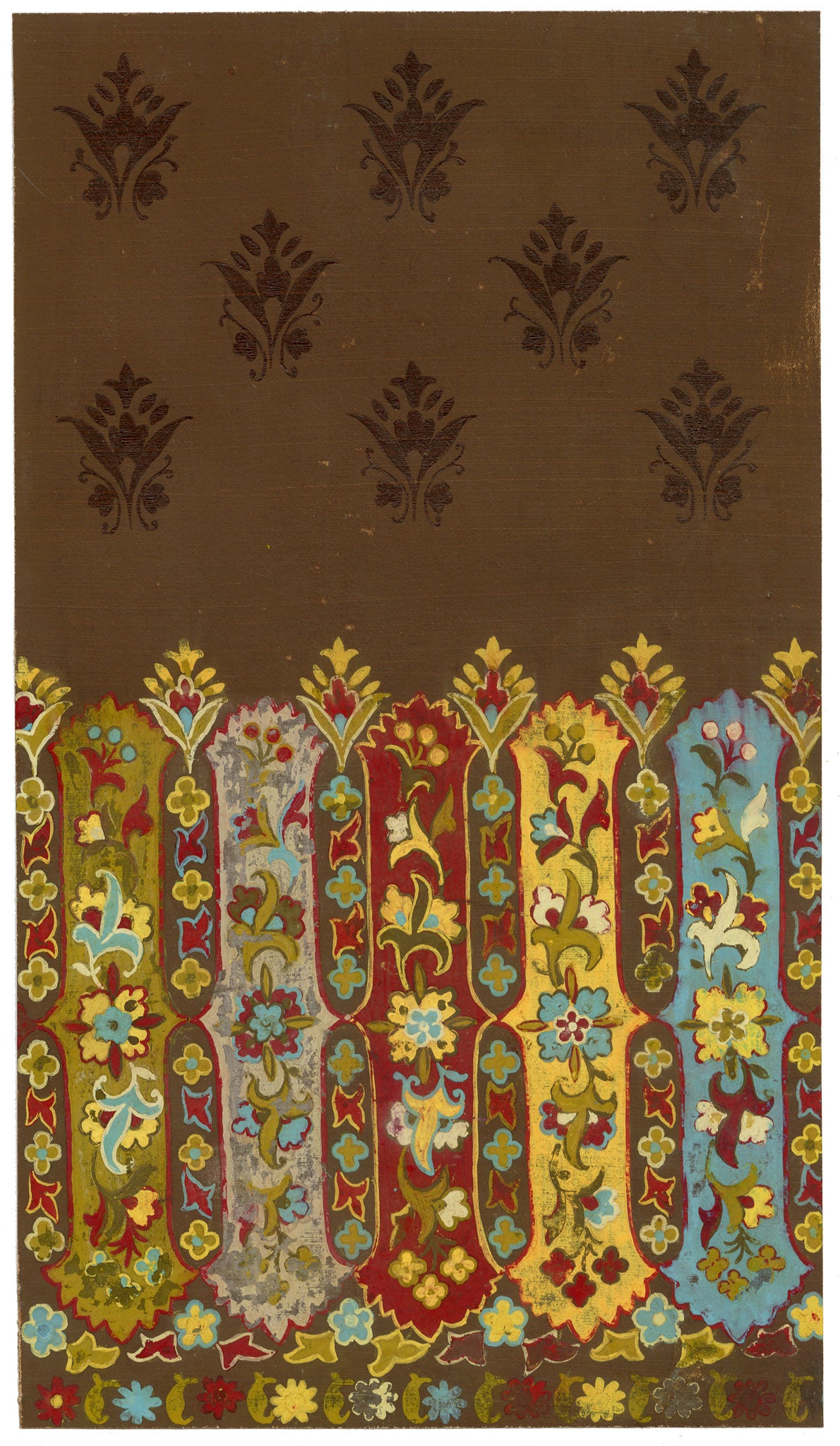 Anon., Antique French Textile Design: Indian Floral on Brown – 1880s gouache painting