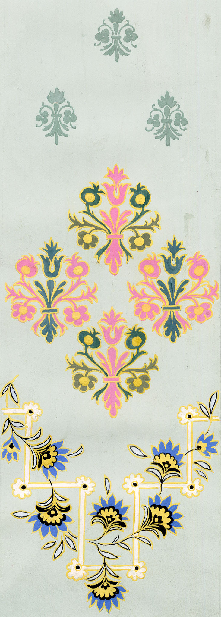 Anon., Antique French Textile Design: Pastel Pomegranate Fleur-de-lis – 1880s gouache painting