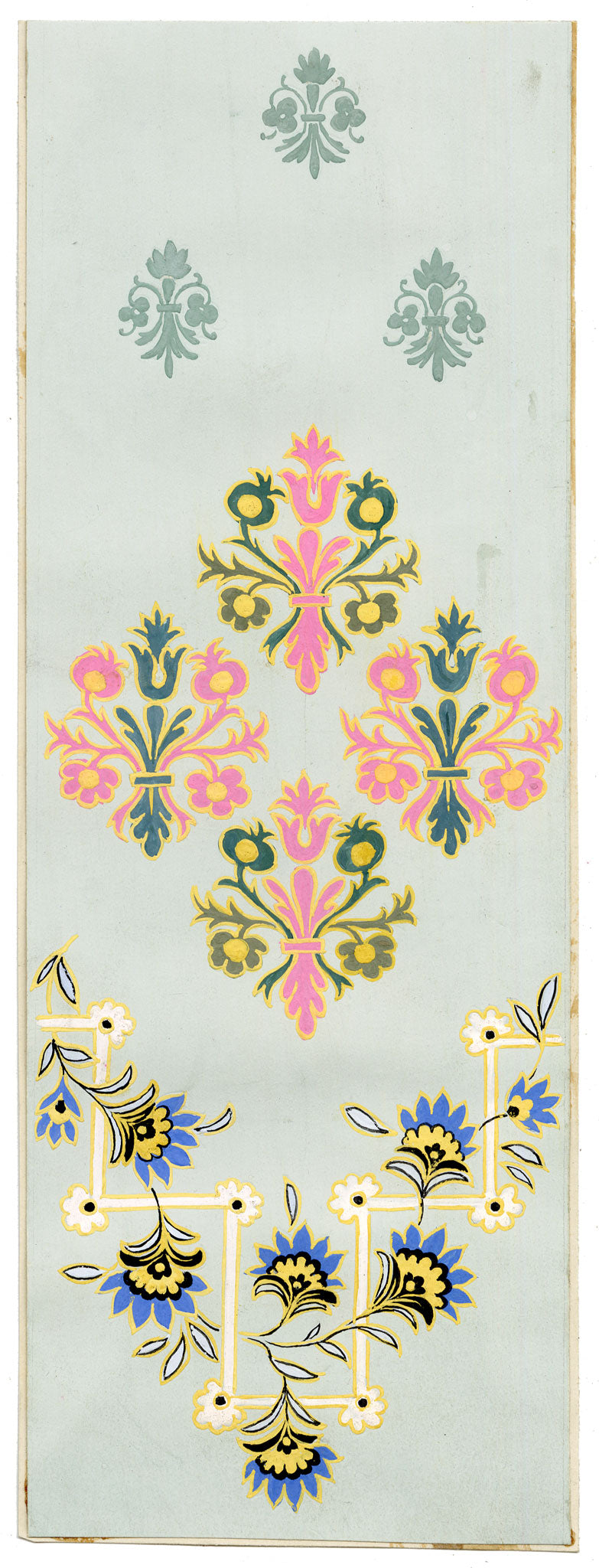 Anon., Antique French Textile Design: Pastel Pomegranate Fleur-de-lis – 1880s gouache painting