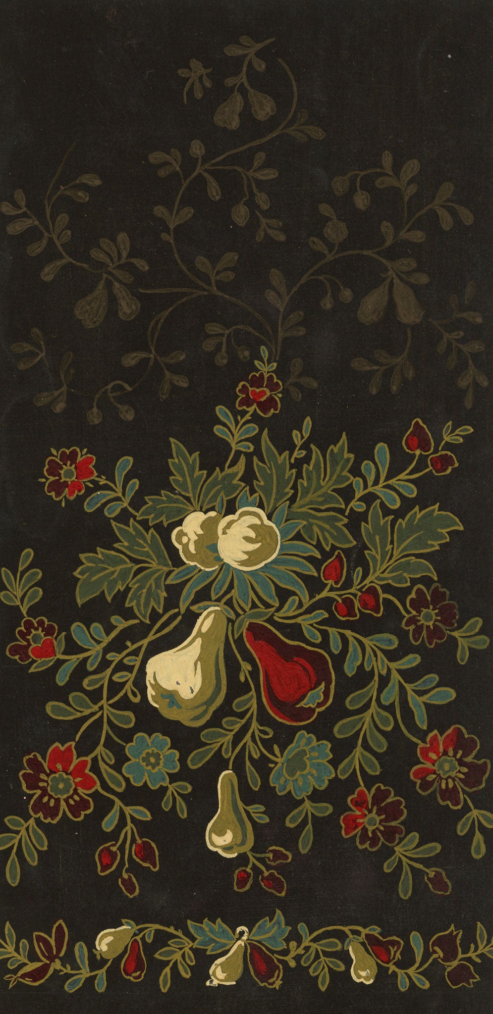 Anon., Antique French Textile Design: Pear Fruit Foliage – 1880s gouache painting