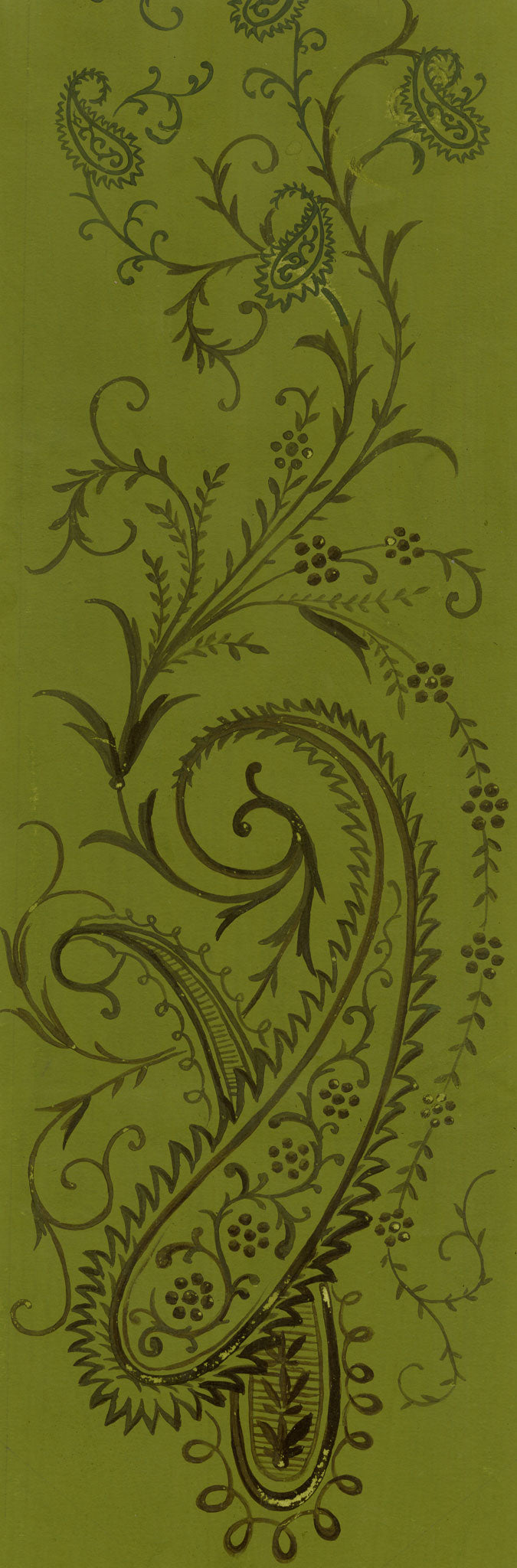Anon., Antique French Textile Design: Floral Paisley Arabesque on Green – 1880s gouache painting