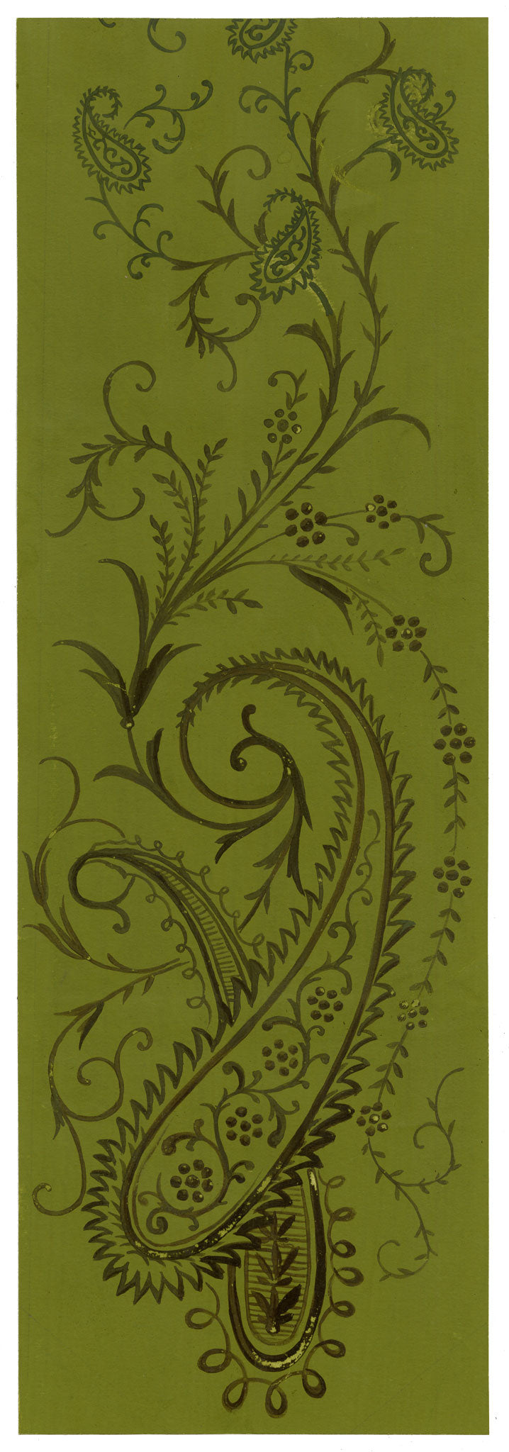 Anon., Antique French Textile Design: Floral Paisley Arabesque on Green – 1880s gouache painting