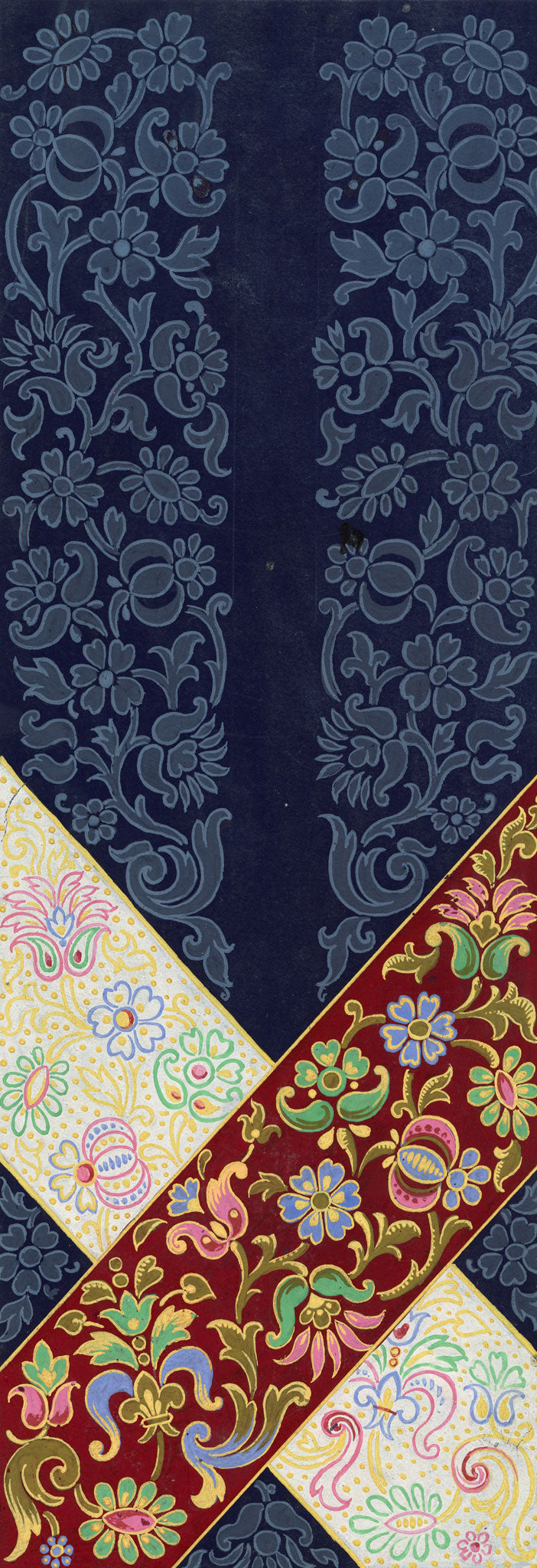 Anon., Antique French Textile Design: Pomegranate Fleur-de-lis Arabesque – 1880s gouache painting