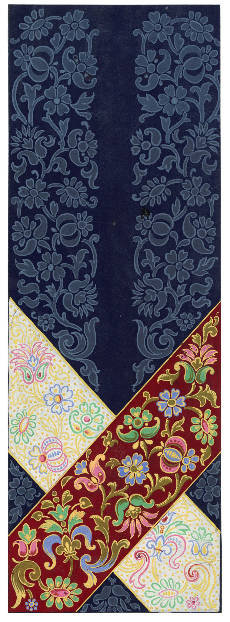 Anon., Antique French Textile Design: Pomegranate Fleur-de-lis Arabesque – 1880s gouache painting