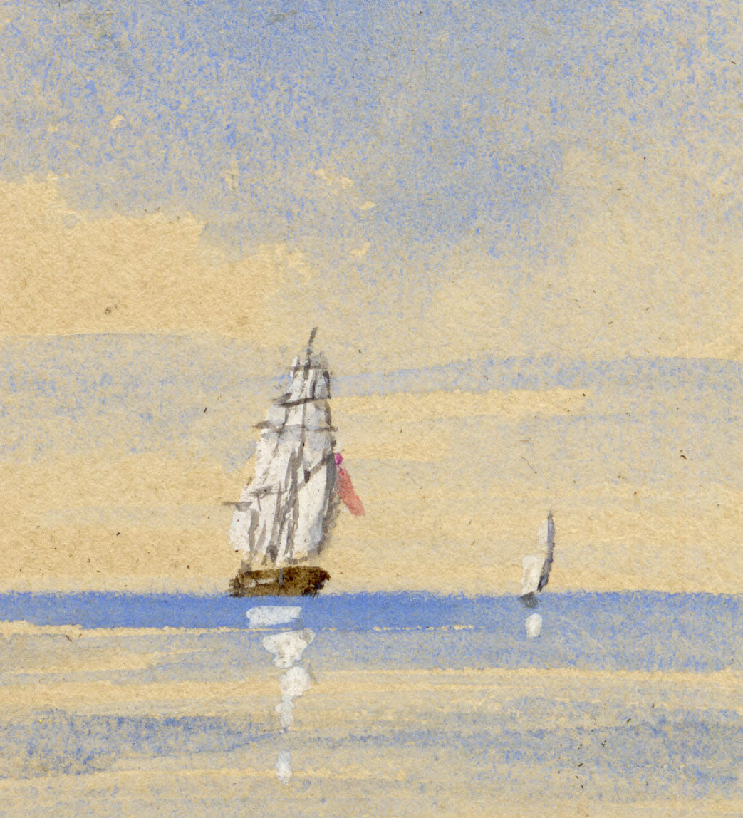 Edward Woodville Ricketts, Sailing Brig Ship on Calm Seas in Miniature – Early 19th-century watercolour painting