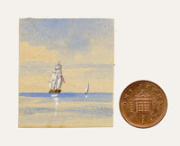 Edward Woodville Ricketts, Sailing Brig Ship on Calm Seas in Miniature – Early 19th-century watercolour painting