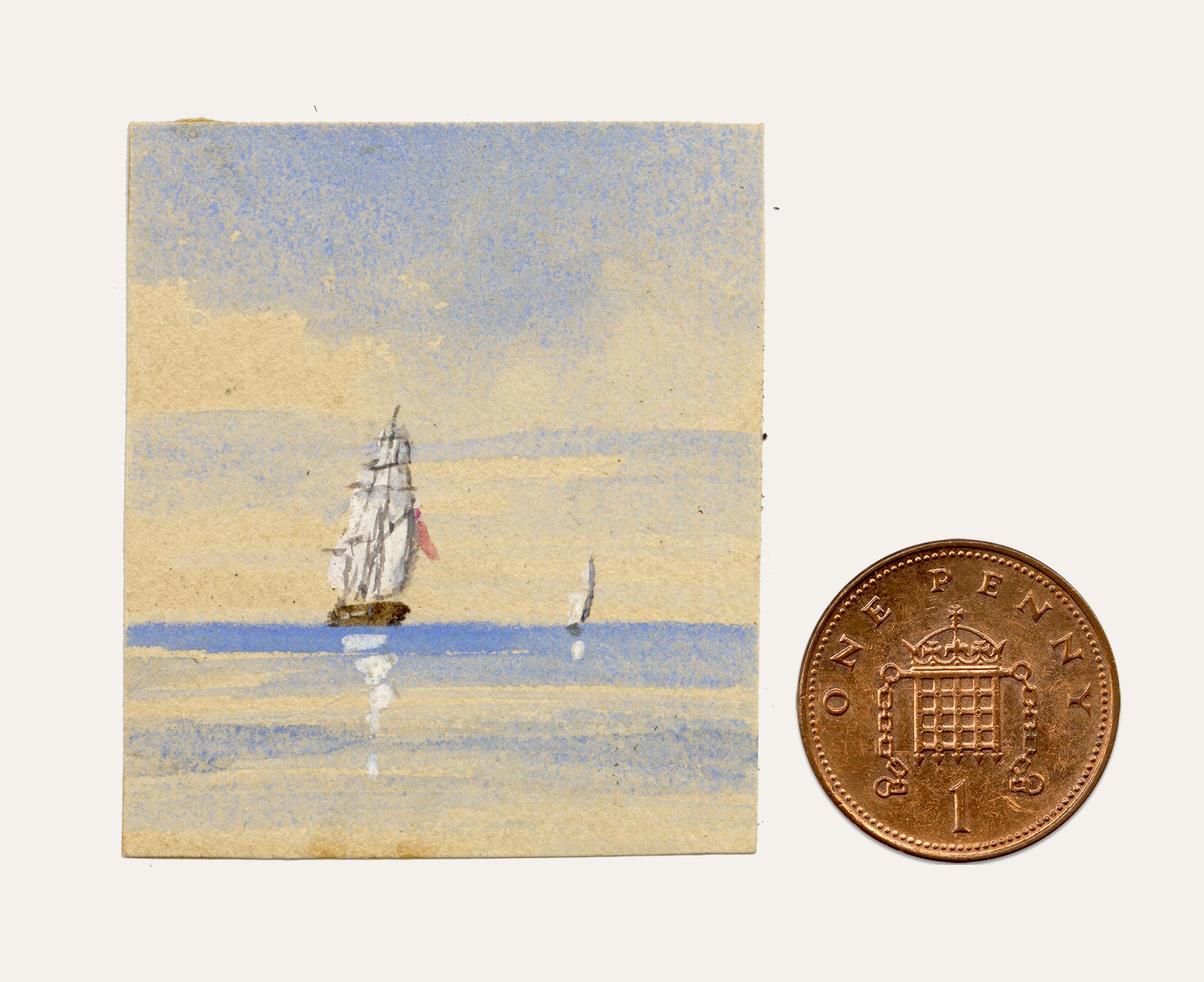 Edward Woodville Ricketts, Sailing Brig Ship on Calm Seas in Miniature – Early 19th-century watercolour painting