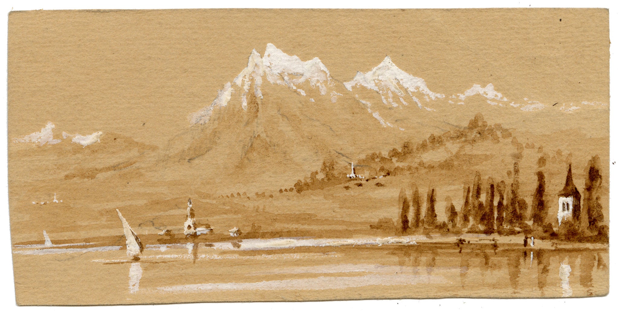 Edward Woodville Ricketts, Alpine Lake Landscape in Miniature – Early 19th-century watercolour painting