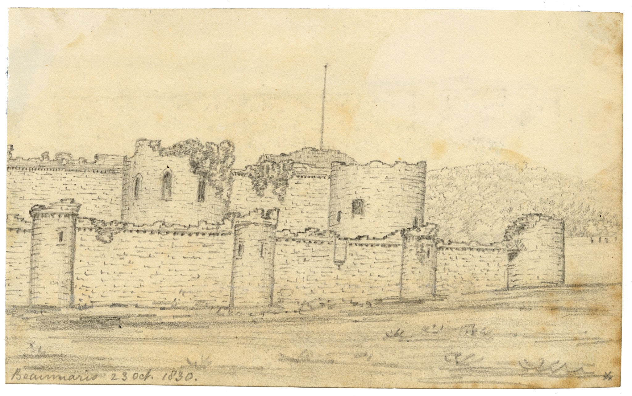 Edward Woodville Ricketts, Beaumaris Castle on Anglesey, Wales – 1830 graphite drawing