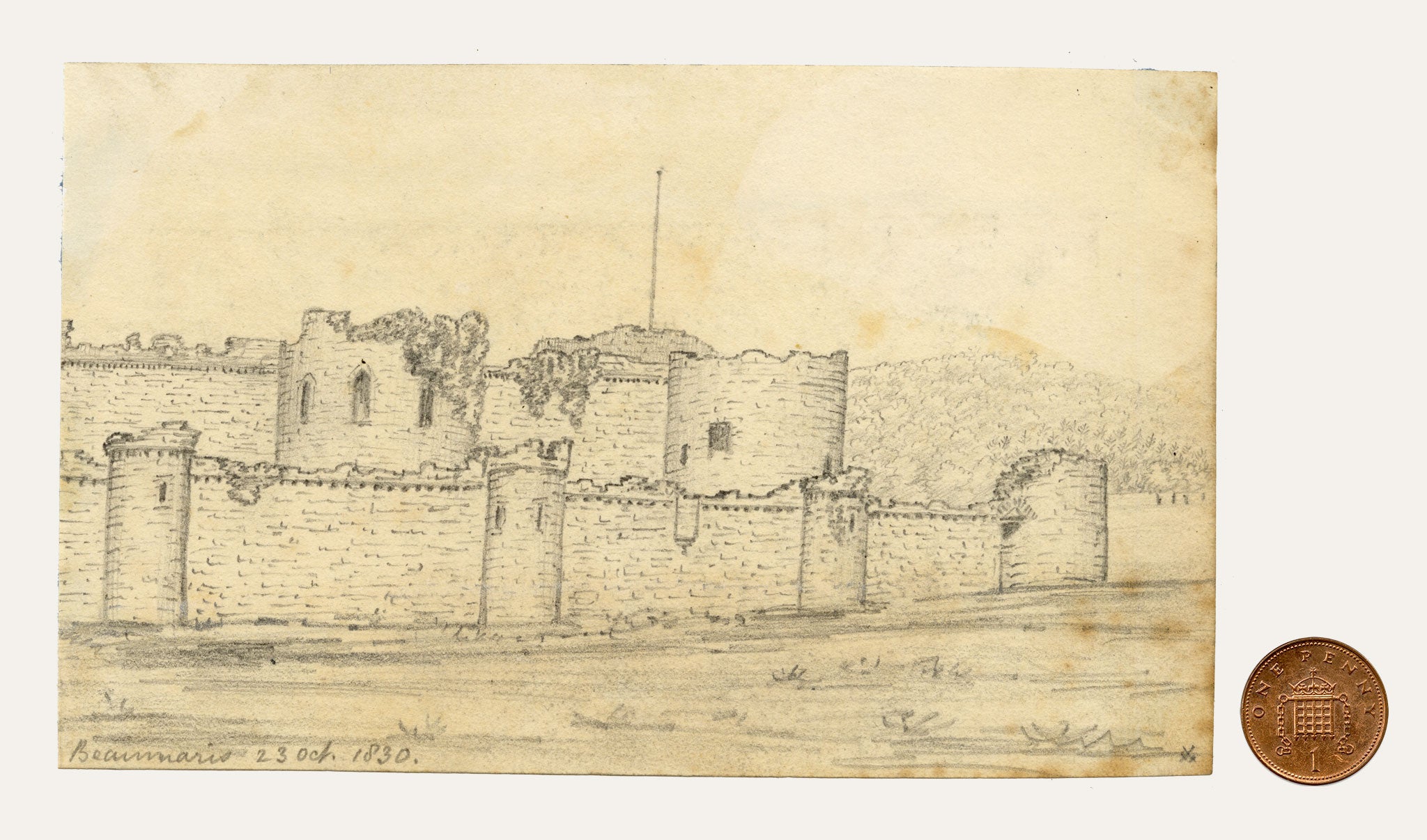 Edward Woodville Ricketts, Beaumaris Castle on Anglesey, Wales – 1830 graphite drawing