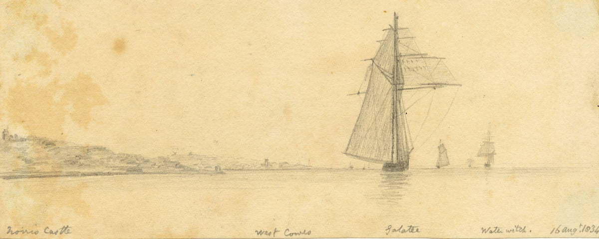 Edward Woodville Ricketts, Isle of Wight Coast, Norris Castle & Sailing Ships Galatea & Waterwitch – 1834 graphite drawing