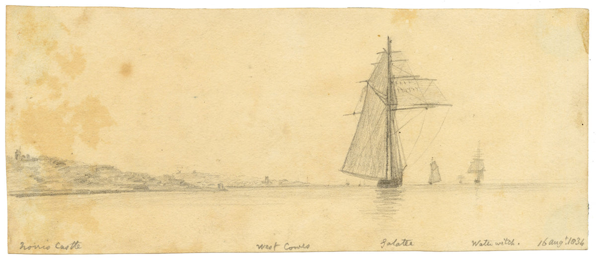 Edward Woodville Ricketts, Isle of Wight Coast, Norris Castle & Sailing Ships Galatea & Waterwitch – 1834 graphite drawing