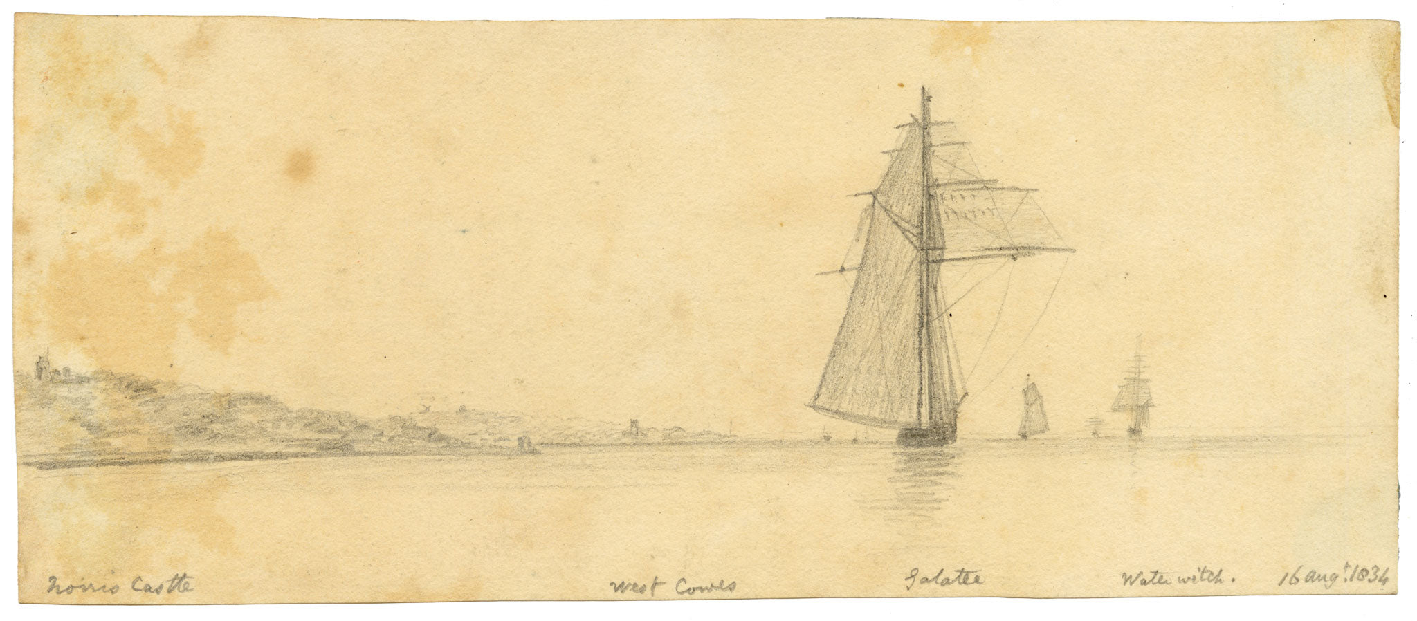 Edward Woodville Ricketts, Isle of Wight Coast, Norris Castle & Sailing Ships Galatea & Waterwitch – 1834 graphite drawing