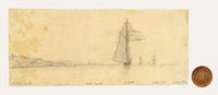 Edward Woodville Ricketts, Isle of Wight Coast, Norris Castle & Sailing Ships Galatea & Waterwitch – 1834 graphite drawing