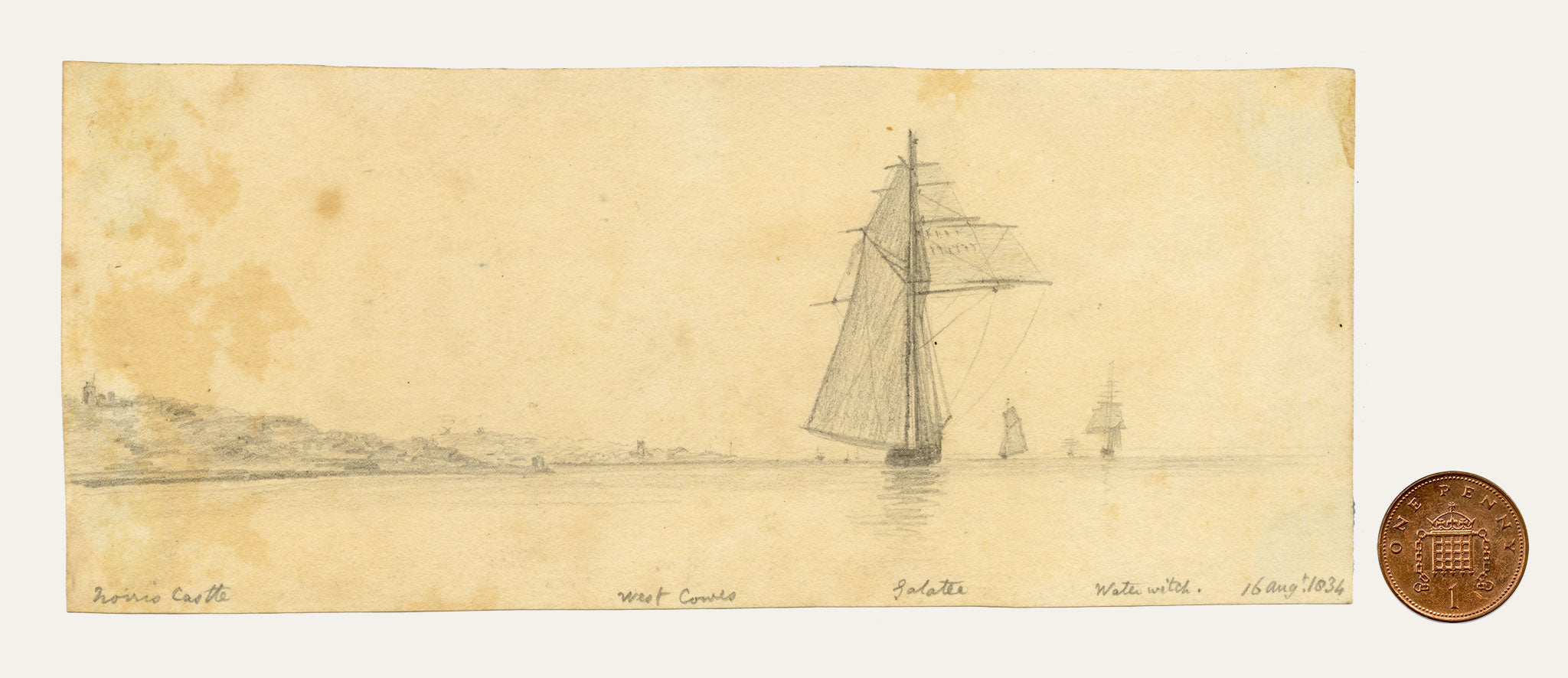 Edward Woodville Ricketts, Isle of Wight Coast, Norris Castle & Sailing Ships Galatea & Waterwitch – 1834 graphite drawing