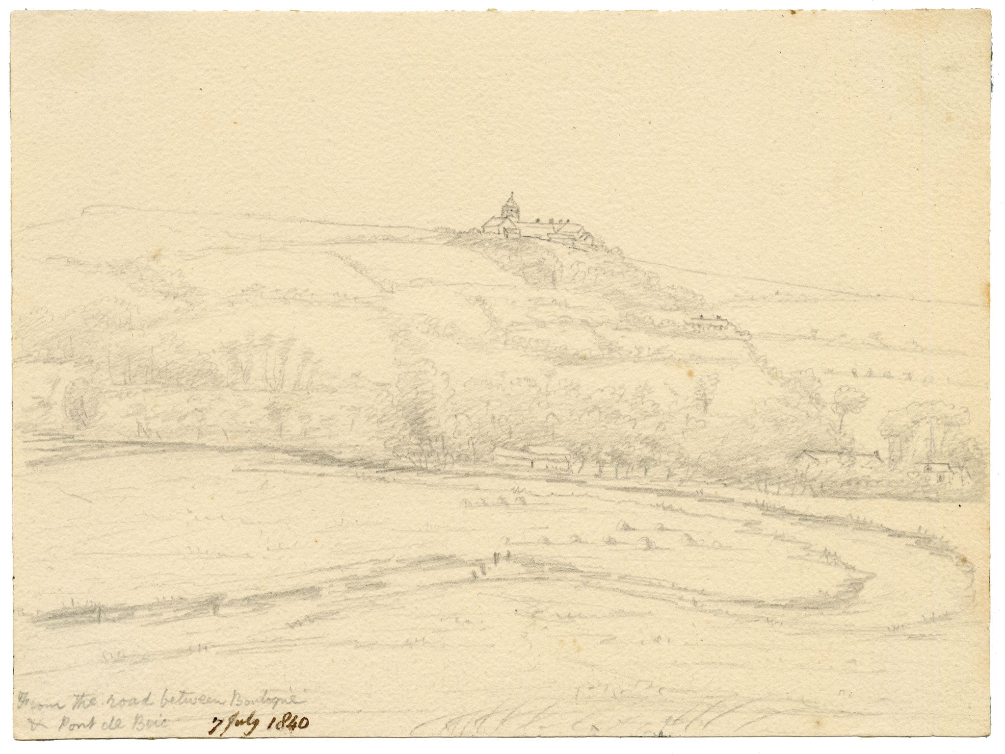 Edward Woodville Ricketts, View from Road between Boulogne & Pont-de-Briques, France – 1840 graphite drawing
