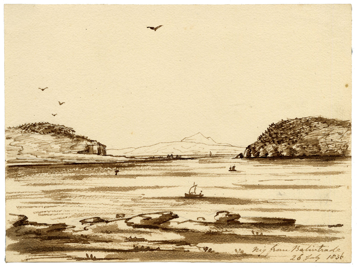 Edward Woodville Ricketts, Ailsa Craig from Ballantrae, South Ayrshire, Scotland – 1836 pen & ink drawing