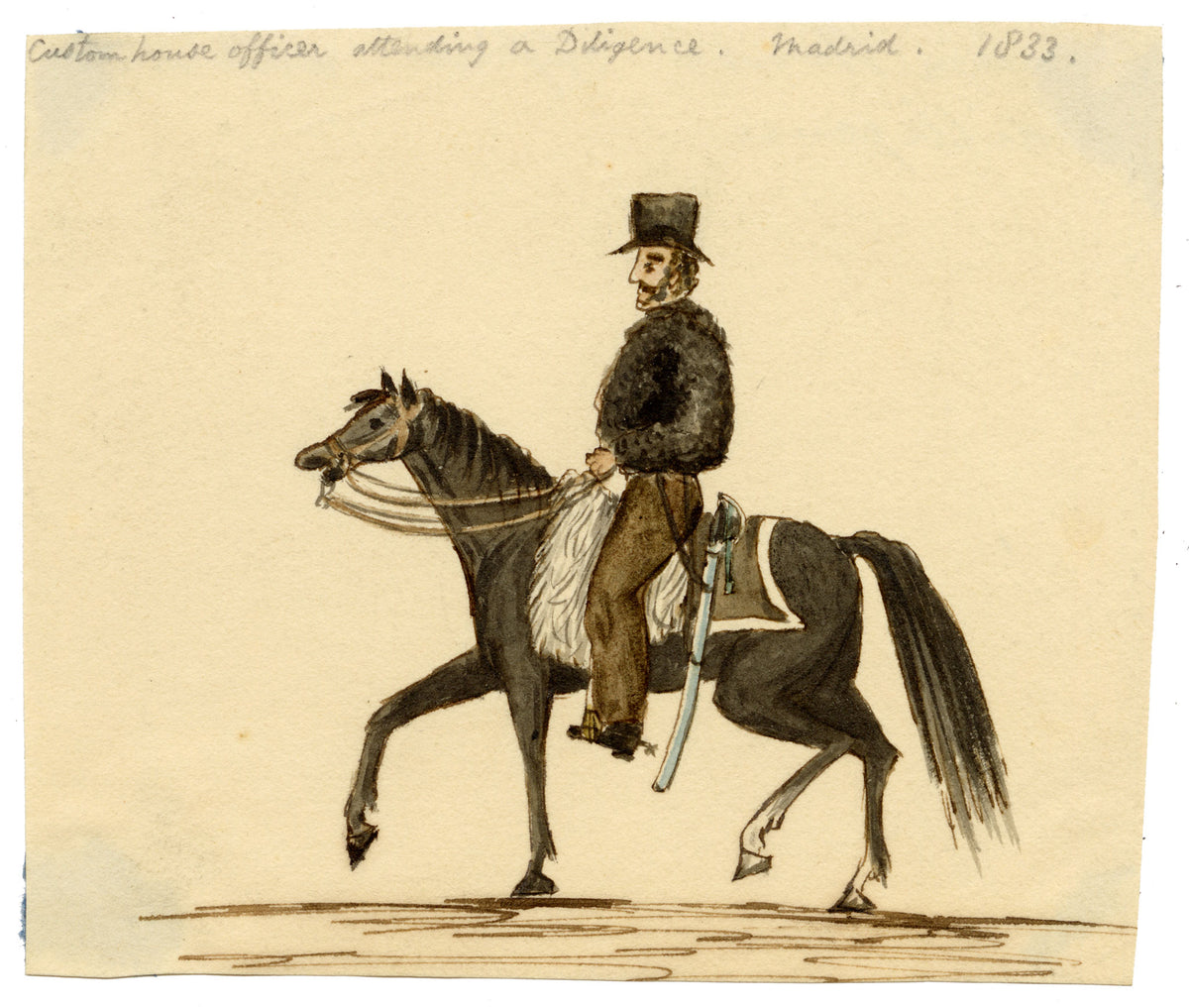 Edward Woodville Ricketts, Custom House Officer Attending a Diligence, Madrid – 1833 watercolour painting