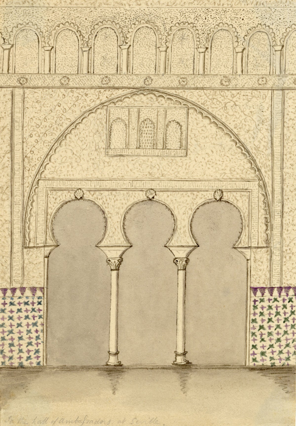Edward Woodville Ricketts, Hall of the Ambassadors, Alcázar, Seville – 1833 pen & ink drawing