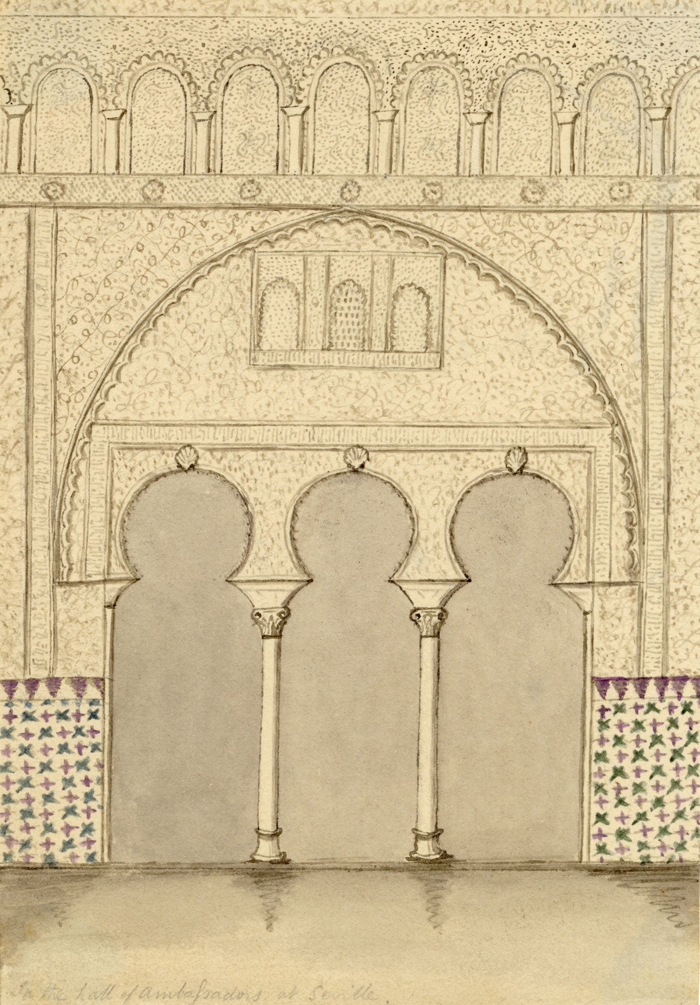 Edward Woodville Ricketts, Hall of the Ambassadors, Alcázar, Seville – 1833 pen & ink drawing
