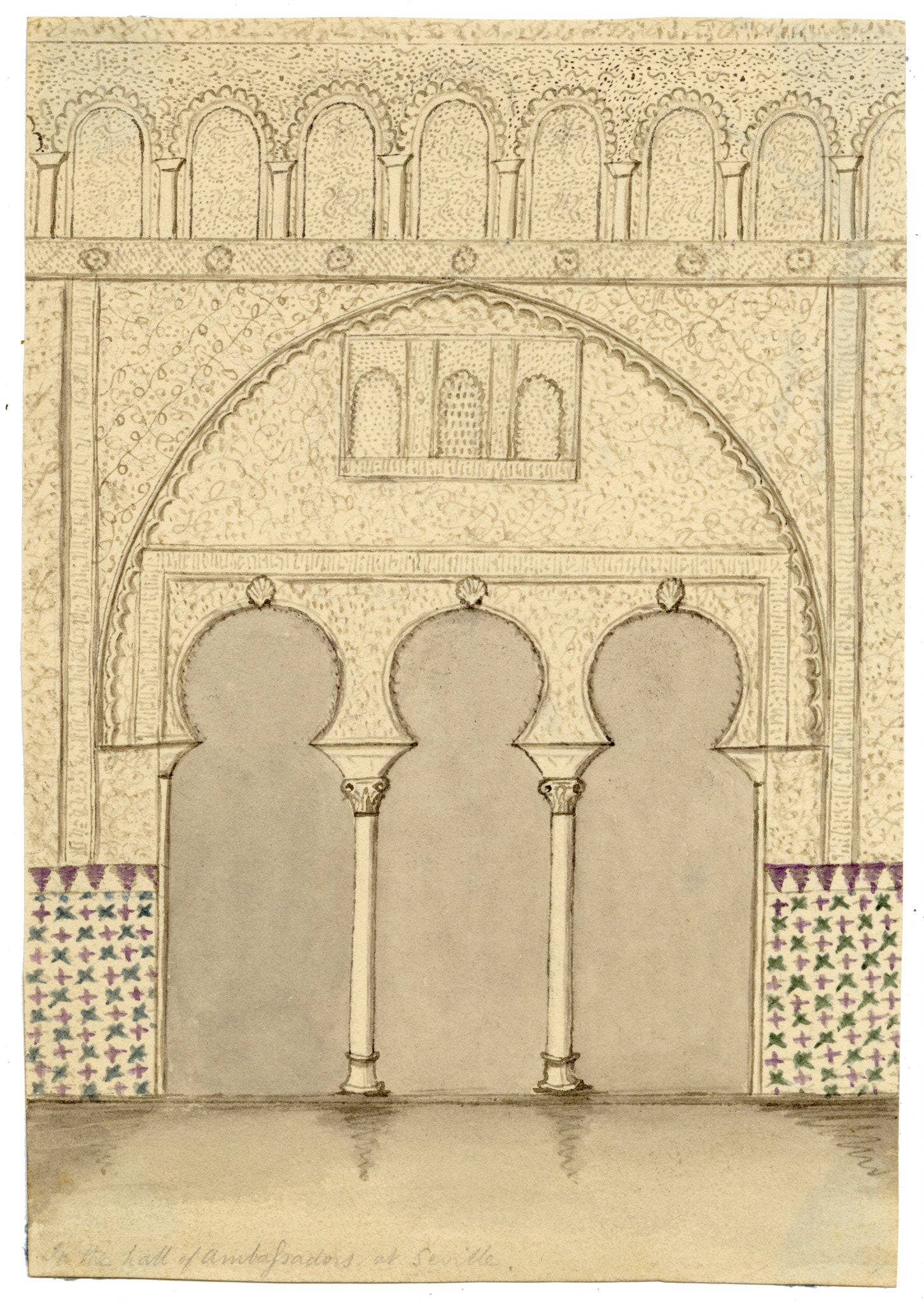 Edward Woodville Ricketts, Hall of the Ambassadors, Alcázar, Seville – 1833 pen & ink drawing