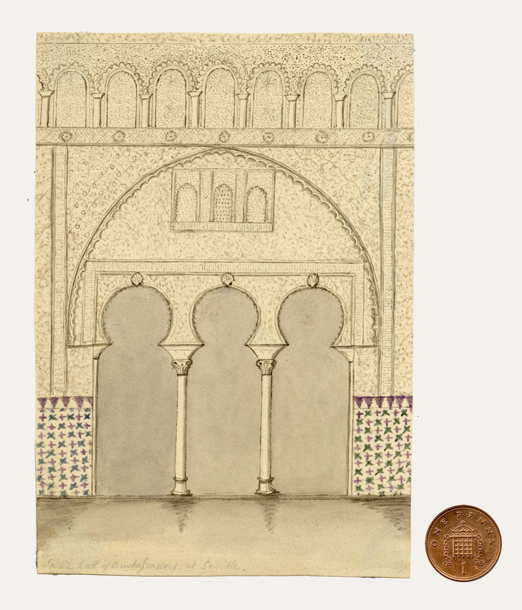 Edward Woodville Ricketts, Hall of the Ambassadors, Alcázar, Seville – 1833 pen & ink drawing