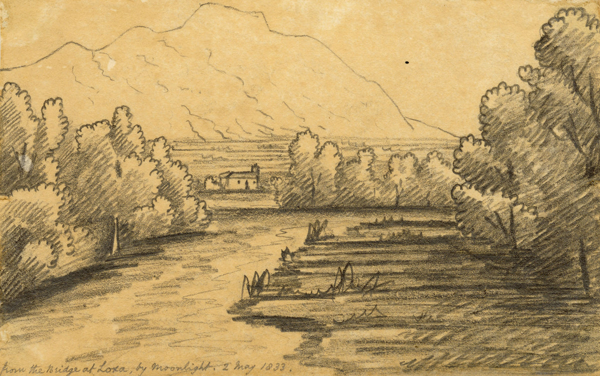 Edward Woodville Ricketts, Loja (Loxa) by Moonlight, Granada, Spain – 1833 graphite drawing