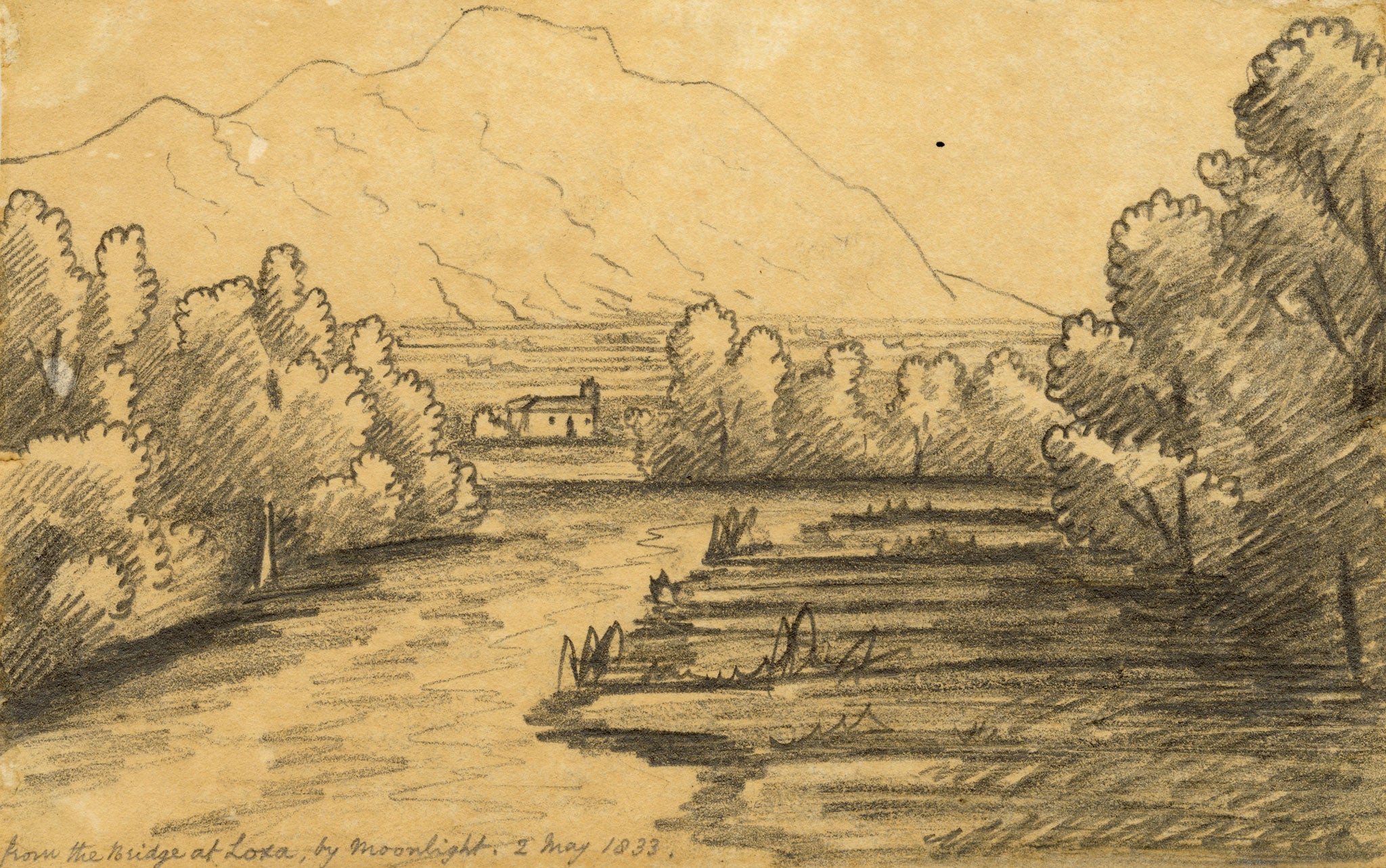 Edward Woodville Ricketts, Loja (Loxa) by Moonlight, Granada, Spain – 1833 graphite drawing