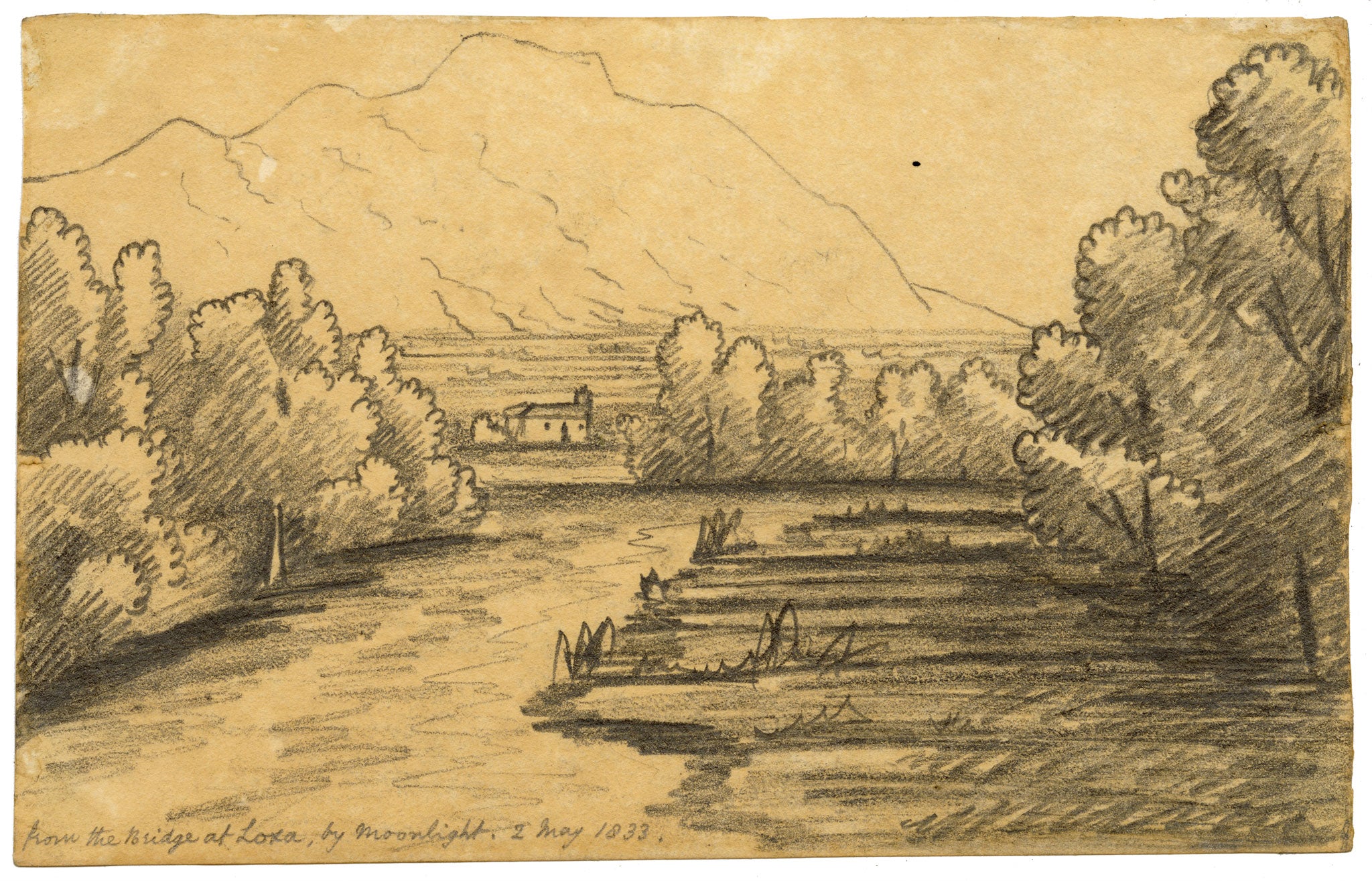 Edward Woodville Ricketts, Loja (Loxa) by Moonlight, Granada, Spain – 1833 graphite drawing