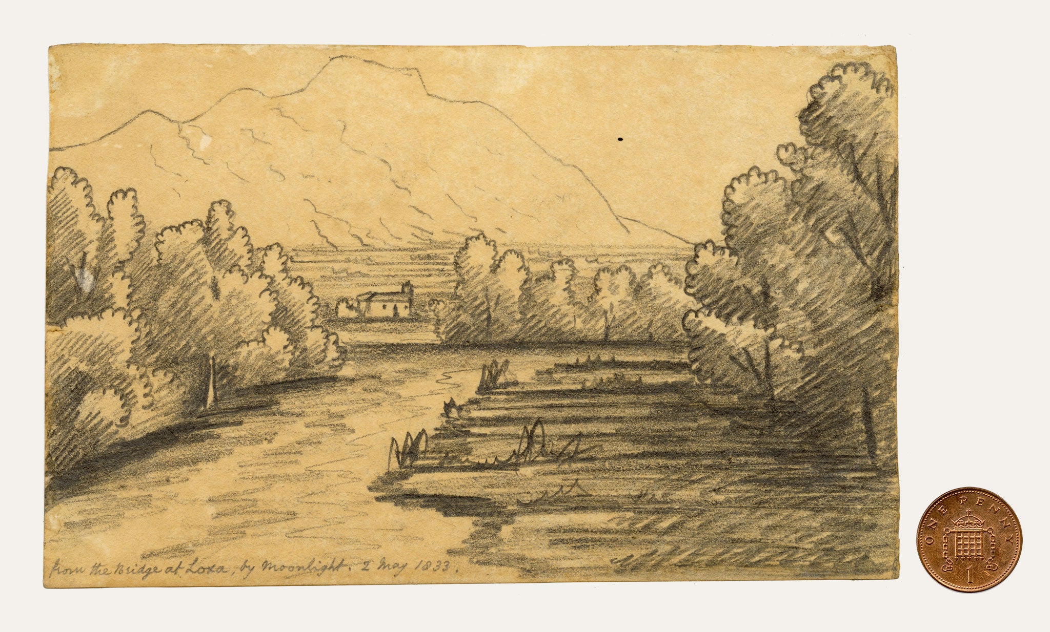 Edward Woodville Ricketts, Loja (Loxa) by Moonlight, Granada, Spain – 1833 graphite drawing