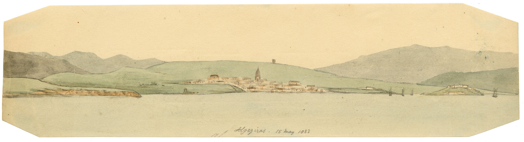 Edward Woodville Ricketts, Algeciras Panorama from the Water, Cádiz, Andalusia, Spain – 1833 watercolour painting