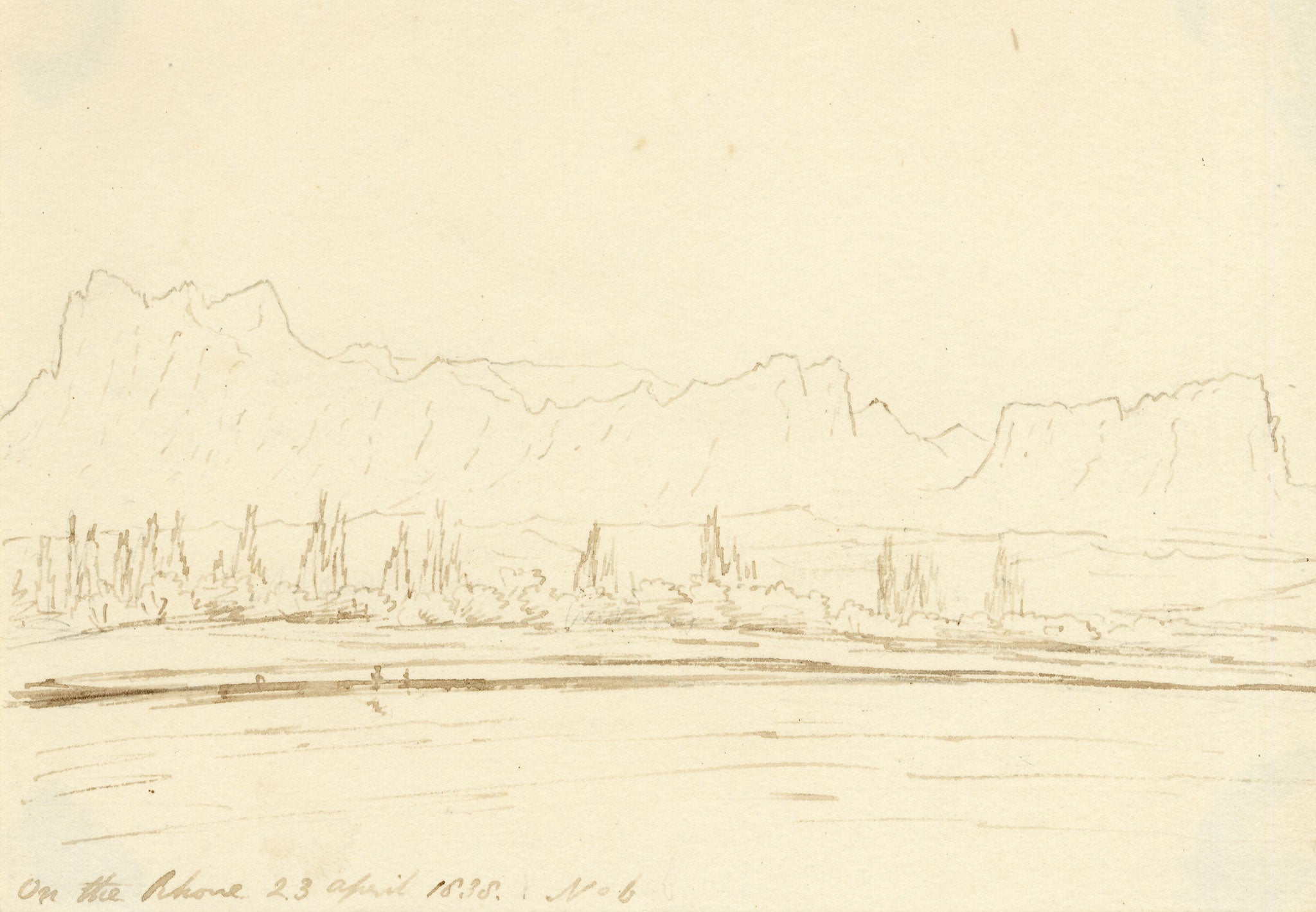 Edward Woodville Ricketts, On the Rhone River, Ardèche, France – 1838 pen & ink drawing