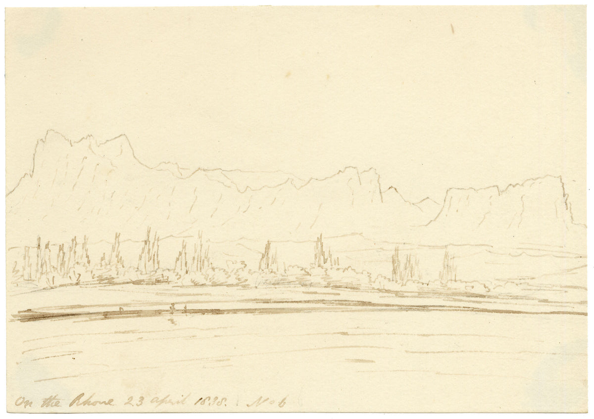 Edward Woodville Ricketts, On the Rhone River, Ardèche, France – 1838 pen & ink drawing