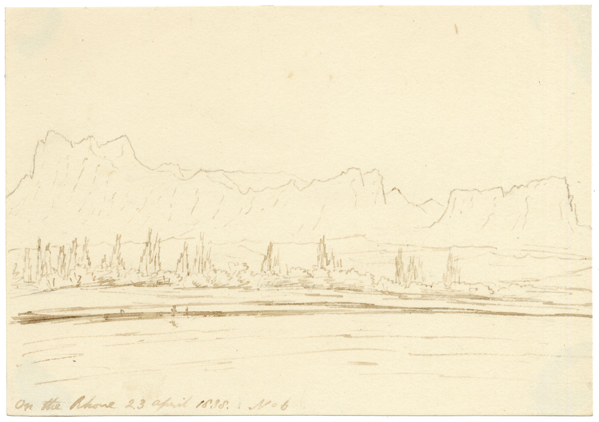 Edward Woodville Ricketts, On the Rhone River, Ardèche, France – 1838 pen & ink drawing