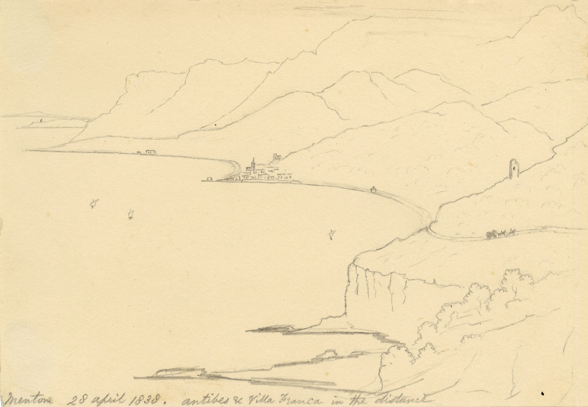 Edward Woodville Ricketts, Côte d'Azur from Menton towards Antibes, France – 1838 graphite drawing