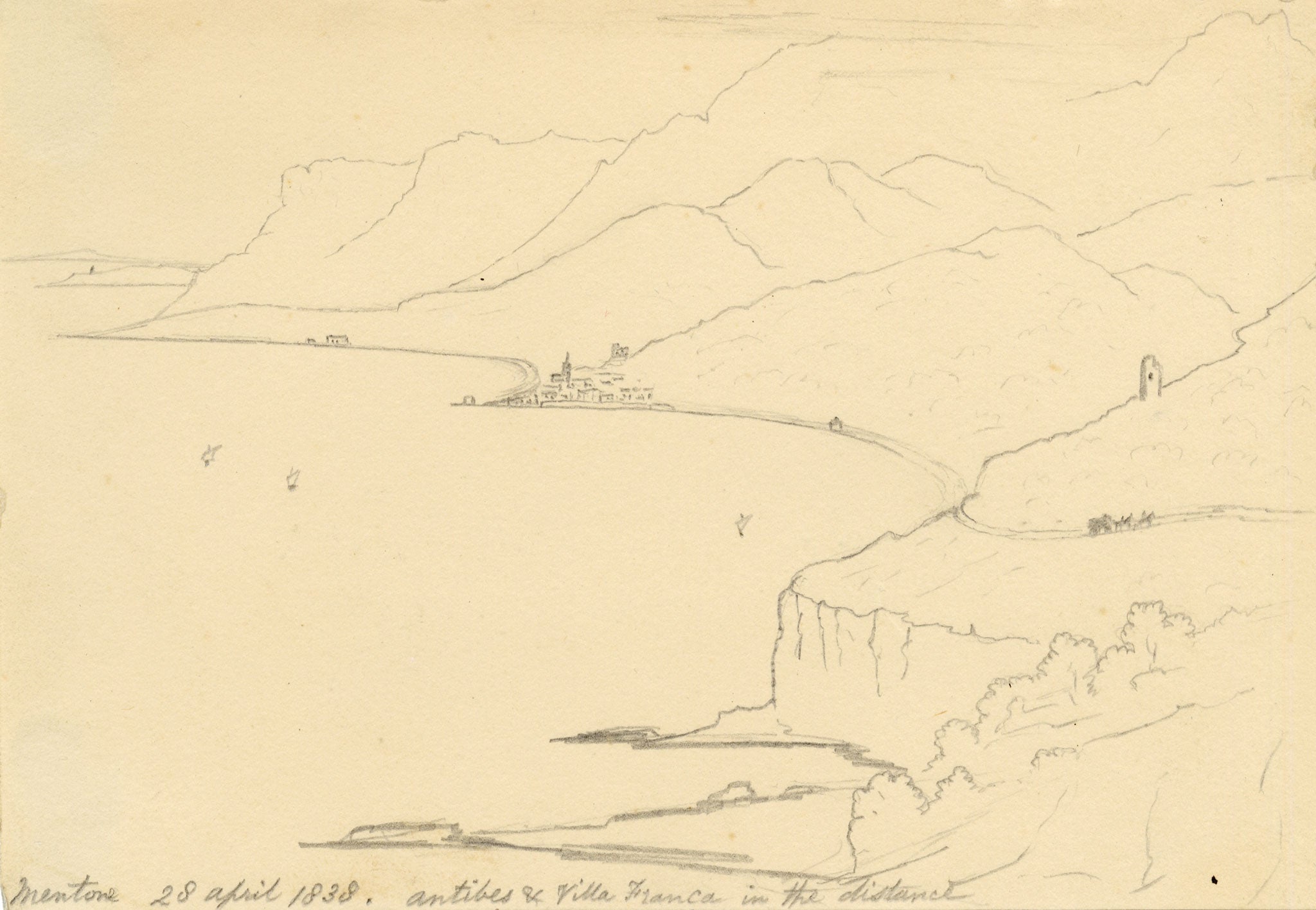 Edward Woodville Ricketts, Côte d'Azur from Menton towards Antibes, France – 1838 graphite drawing