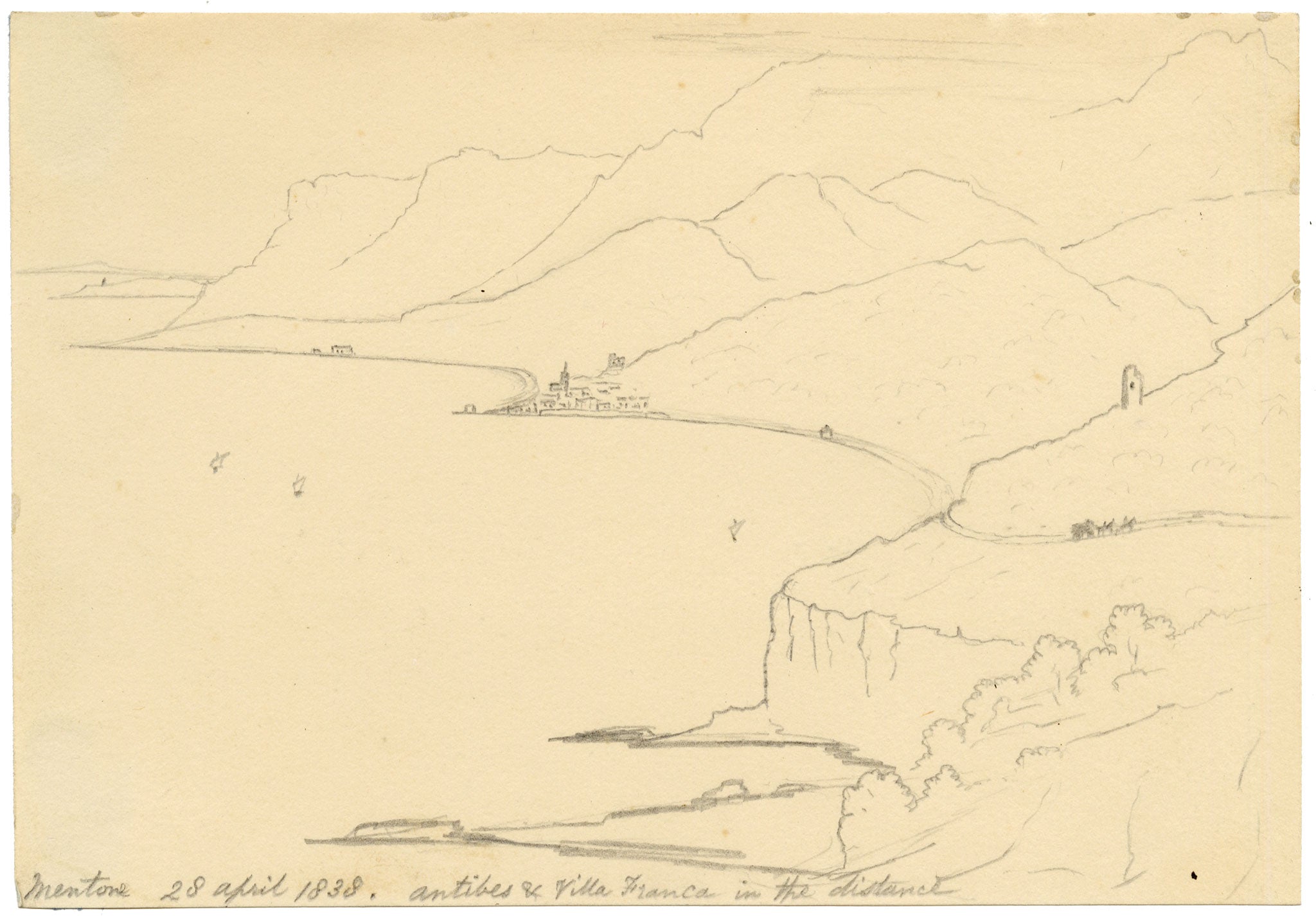 Edward Woodville Ricketts, Côte d'Azur from Menton towards Antibes, France – 1838 graphite drawing