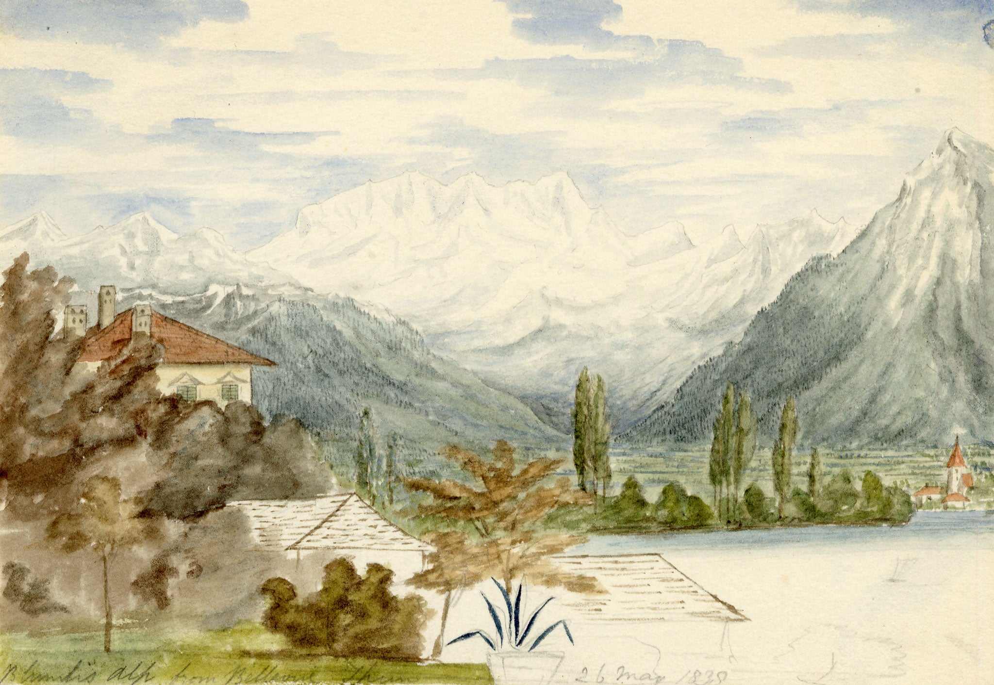 Edward Woodville Ricketts, Alps from Bellevue, Thun, Switzerland – 1838 watercolour painting